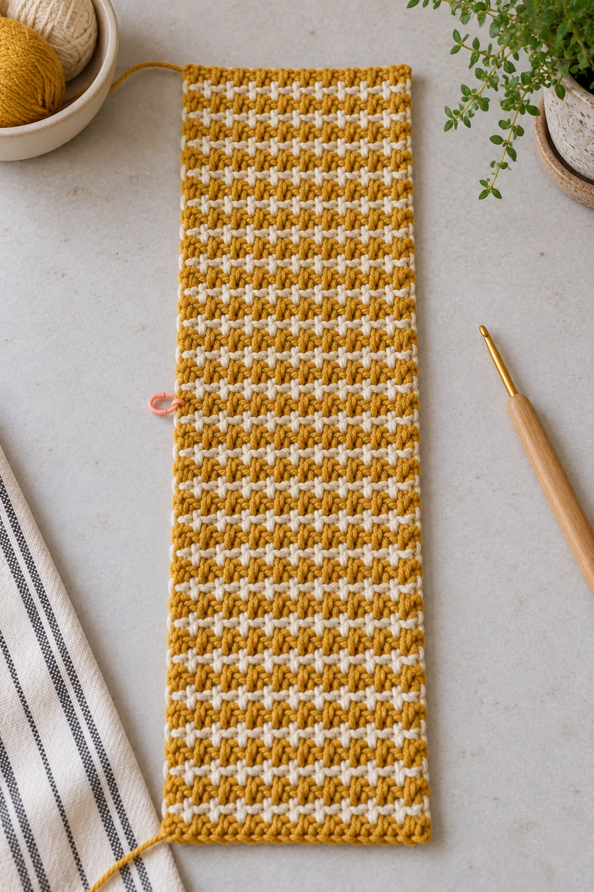 Single mustard thermal crochet strip laid flat before folding, 28-stitch width with marked midpoint after 32 rows