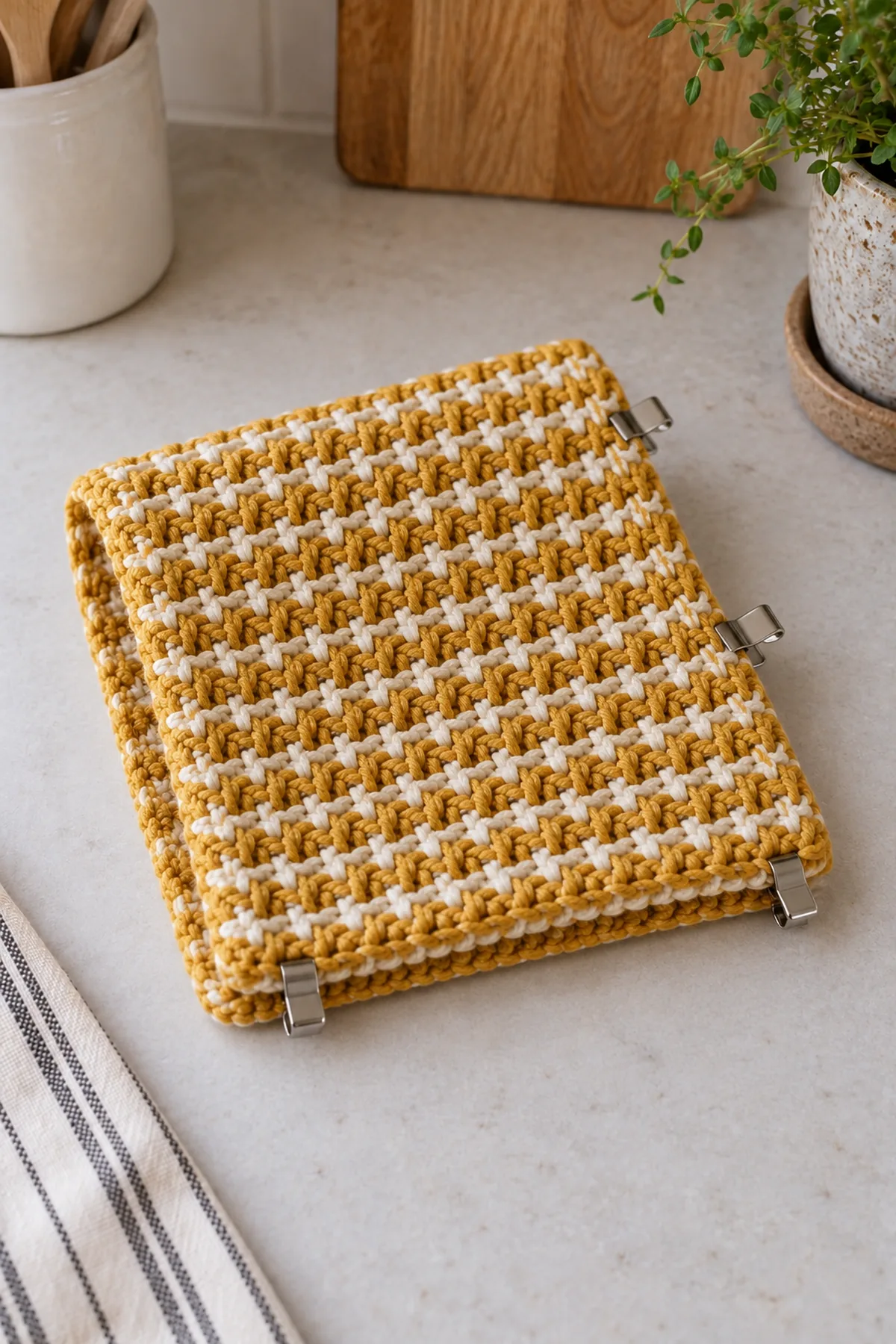 One mustard thermal crochet strip folded at marked middle with side and bottom edges clipped for a three-sided seam, no loose decorations