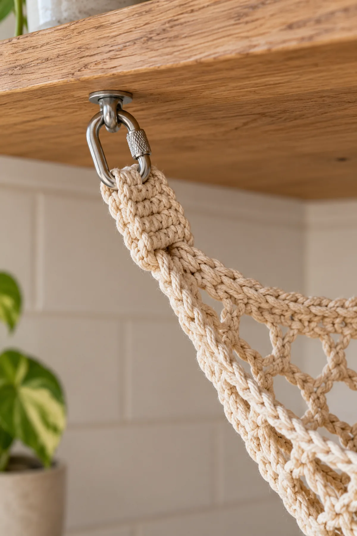 Macro of one corner of oat chain-mesh fruit net: two solid reinforcing crochet border rounds and a short doubled flat crochet loop broadly box-stitched across corner, passing through a closed metal support under wood shelf, no long chain tie and no tassel.