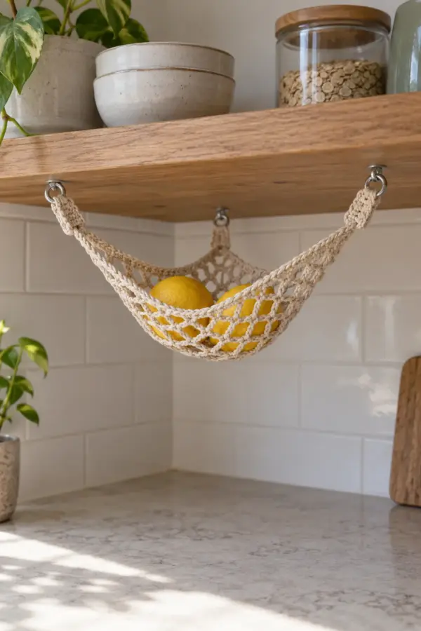 Small shallow triangular oat cotton crochet chain-mesh fruit net mounted beneath a plain solid wooden kitchen shelf at exactly three reinforced corners with three short doubled flat crochet loops and three closed metal supports. Two small lemons only in net, no long cords tassels handles or fourth attachment, clear counter below, soft daylight.