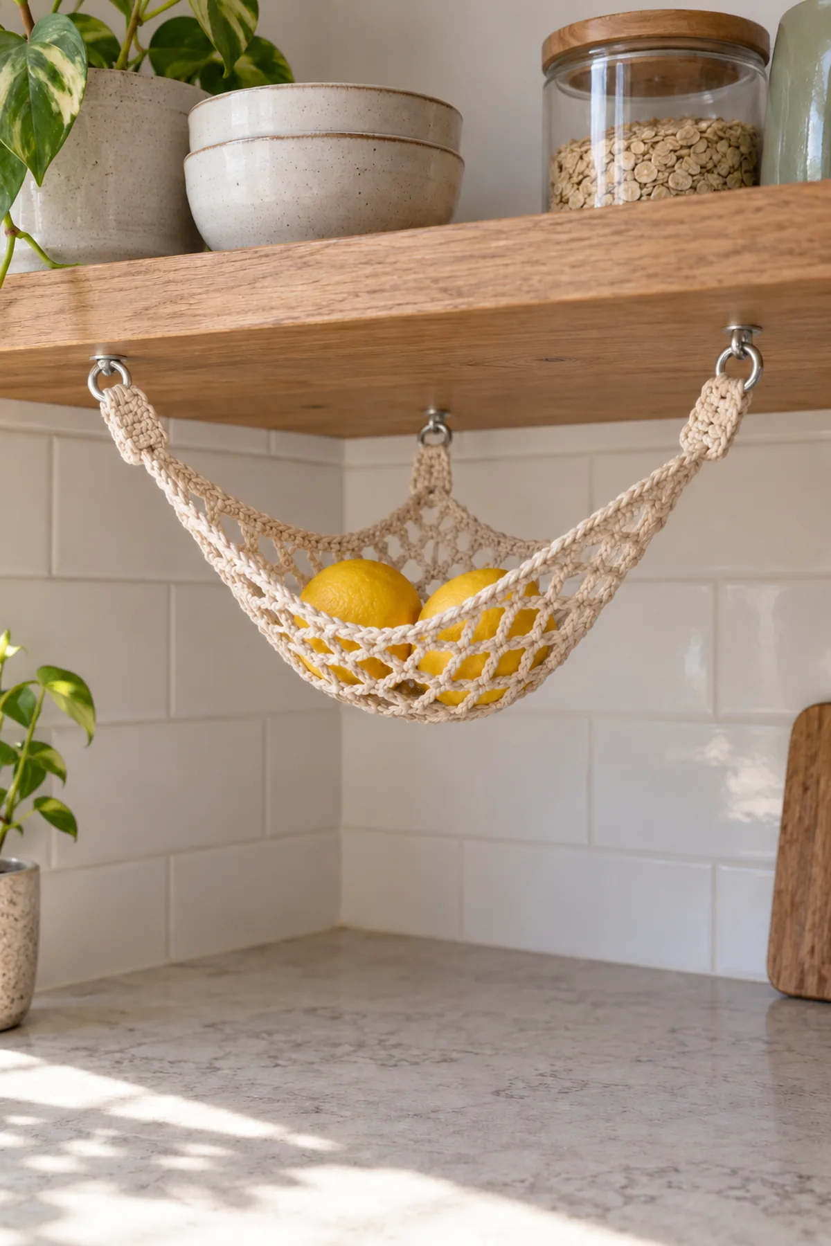 Completed shallow three-corner oat cotton crochet fruit hammock beneath a pale solid wood kitchen shelf, three short doubled loops on three closed supports, exactly two small lemons in center, airy mesh and reinforced edges, clear counter below, no persons pets long cords or stove.