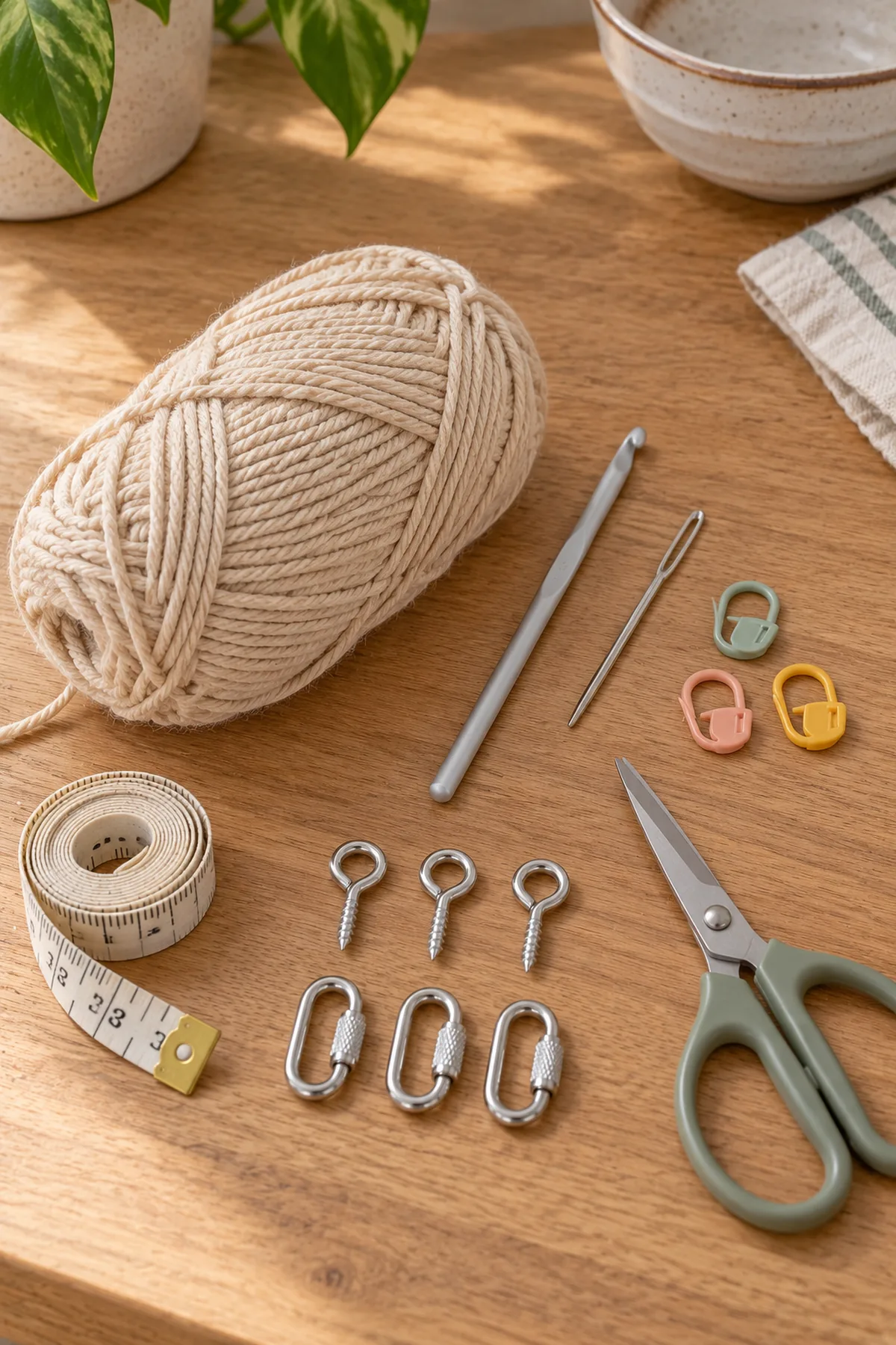 Oat worsted cotton yarn,4 mm hook, blunt needle, three markers, measuring tape, scissors and three small closed screw-eyes and three screw-lock quick links with appropriate fixings laid on clean wooden kitchen table; no fruit in a net yet.