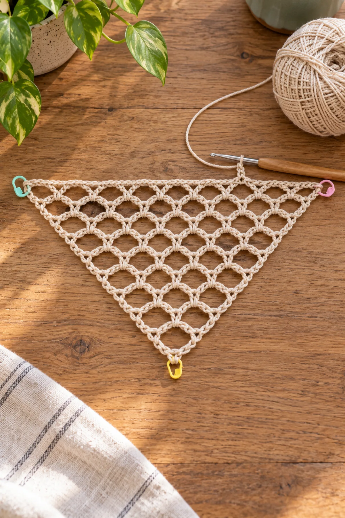 Unfinished flat oat crochet chain-mesh triangle laid on a wood tabletop, rows of open ch3 arches increasing from one bottom tip to a wide straight working edge, three corner markers, hook and live yarn at top edge, no border hanging loops or fruit yet.
