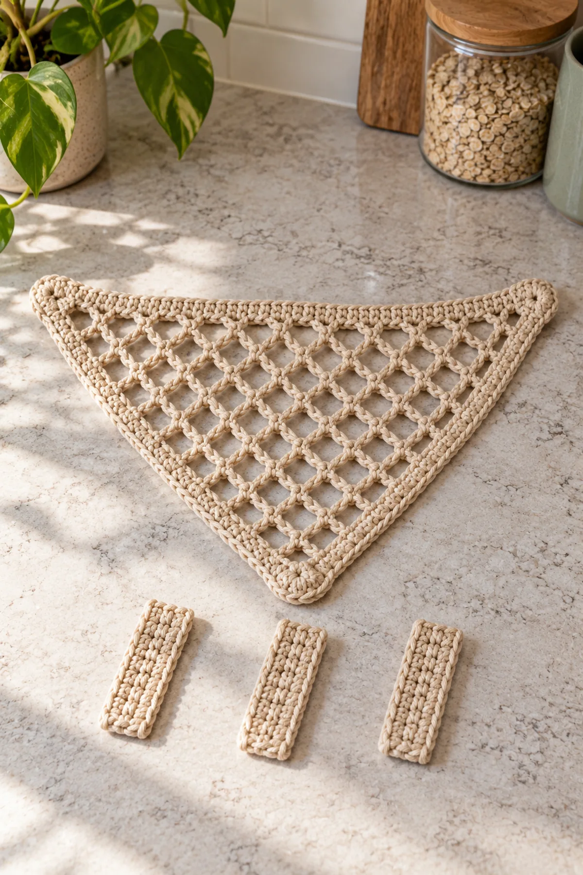 Completed flat oat triangular chain-mesh panel with two dense single-crochet reinforcing border rounds and three marked corners, plus three separate short four-stitch-wide rectangular crochet straps beside it; unassembled, no hanging hardware attached.