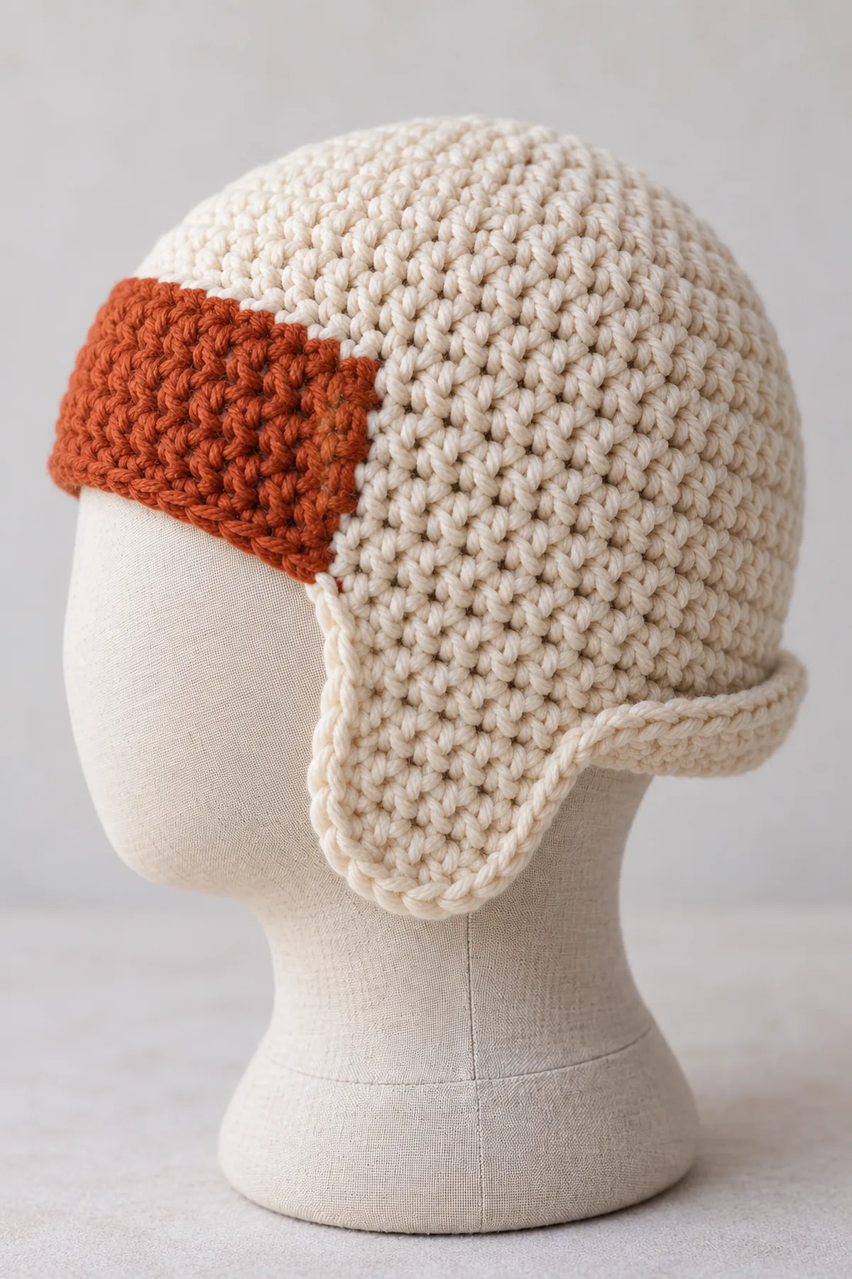 Side macro of cream aviator cap showing short tie-free earflap, fully flat rust forehead band and narrow tacked turned-up back edge with tidy crochet seams.