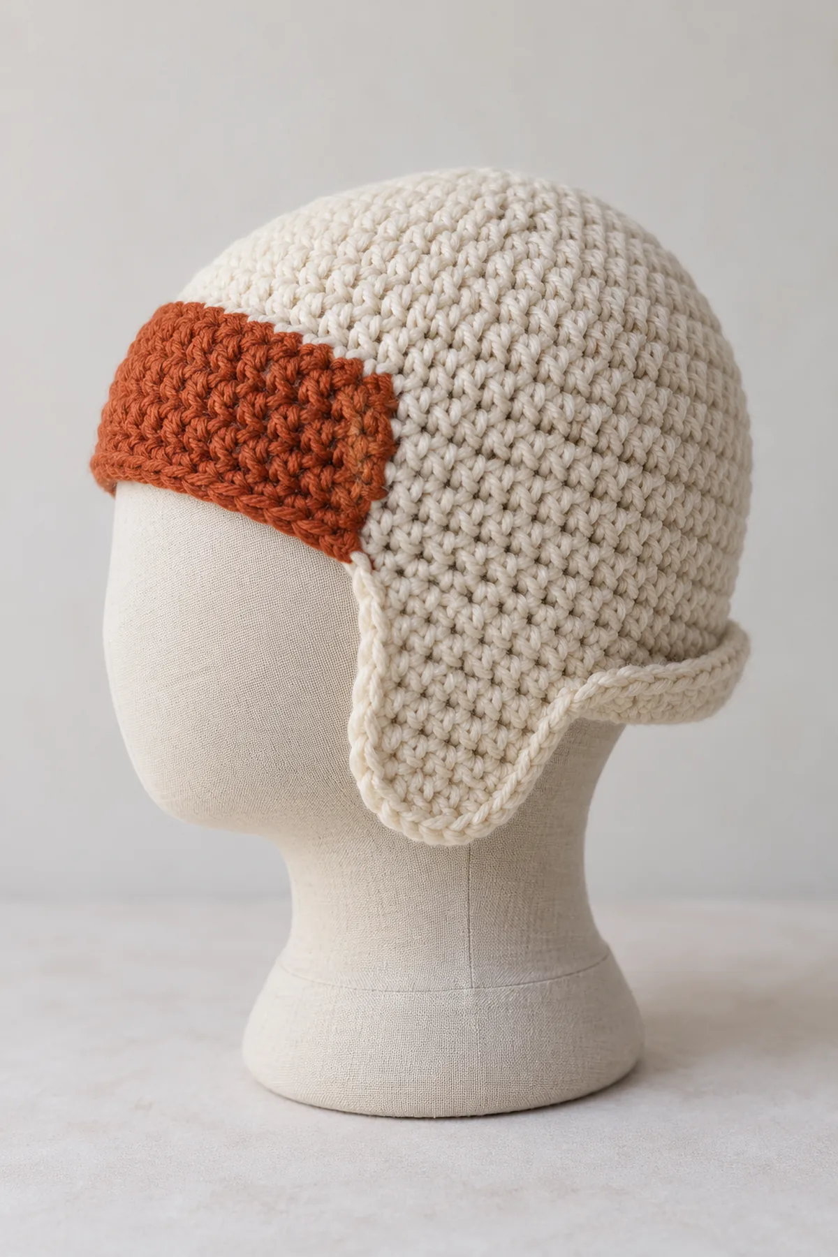 Original cream crochet toddler aviator-style fitted cap shown side profile on plain neutral child-size hat form, two short integral earflaps without ties, flat rust contrast forehead band, narrow cream back edge turned up; no pom-poms, goggles, buttons or person.