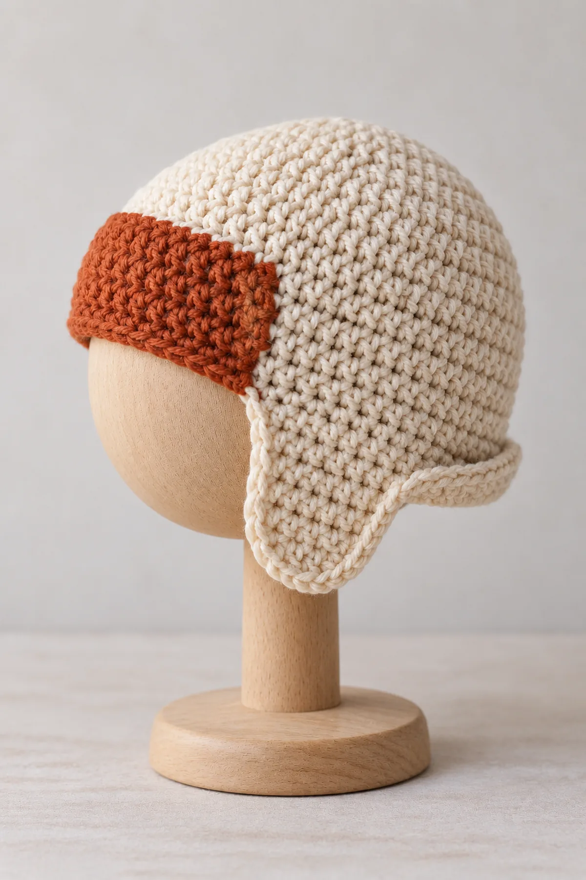 Same cream-and-rust crochet toddler aviator cap on a plain wooden hat stand, side view of fitted crown, both short earflaps and flat contrast band, no child and no dangling cords.