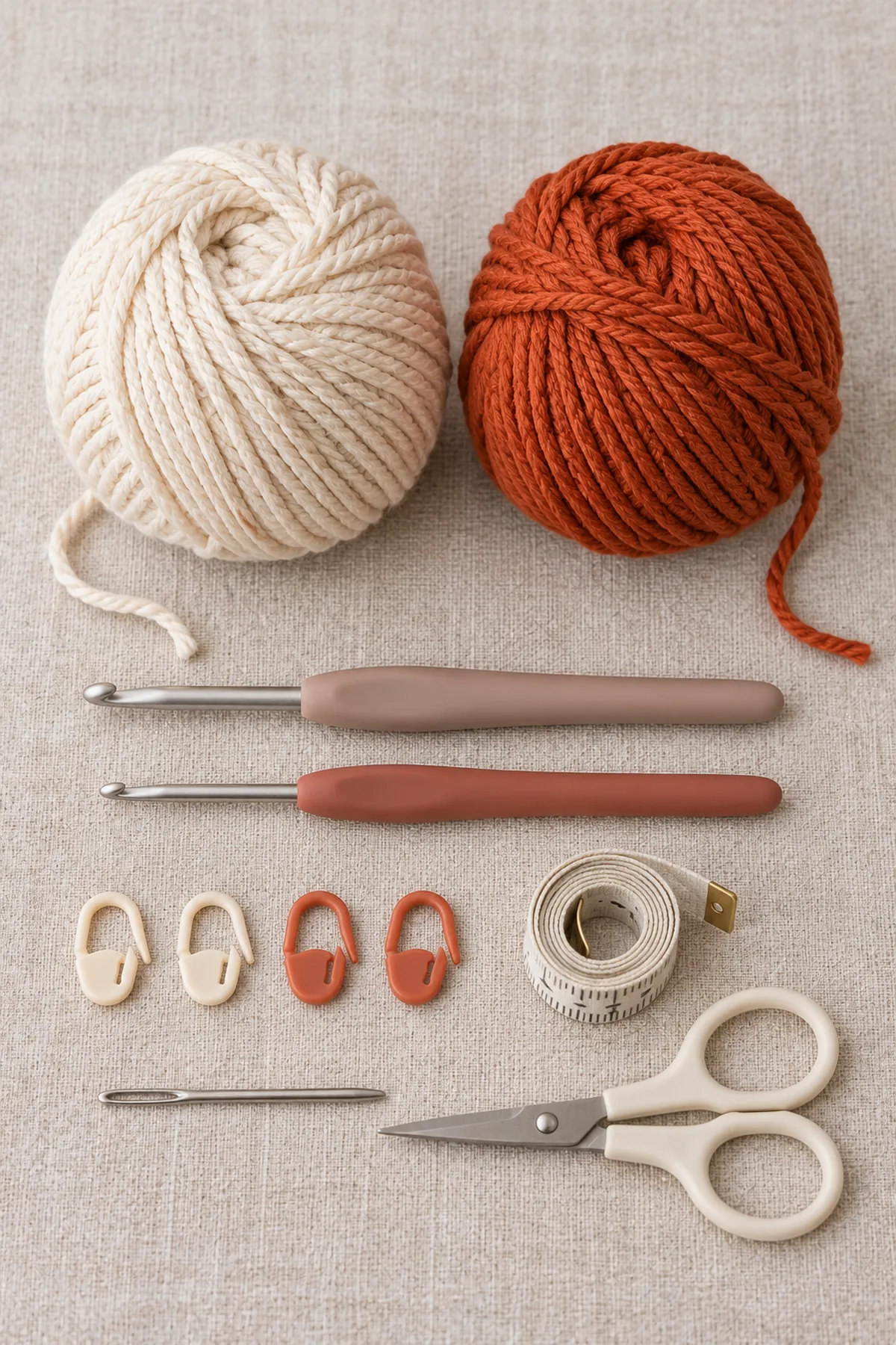 Cream and rust DK cotton-blend yarn, 4 mm and 3.5 mm hooks, four markers, tape, blunt needle and scissors on linen; no completed cap.