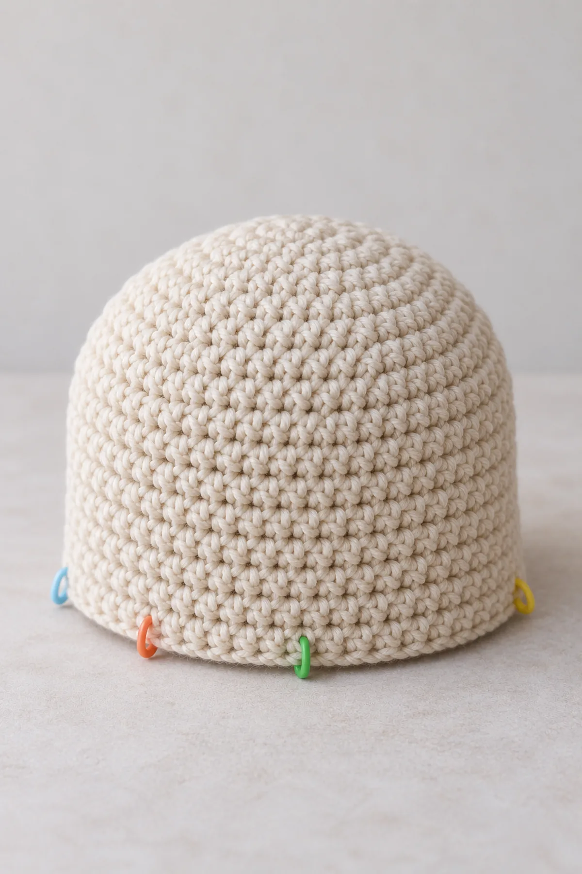 Cream crochet toddler cap with counted round hdc crown and straight fitted body on a neutral table, sector markers along lower edge, no earflaps or rust band yet.