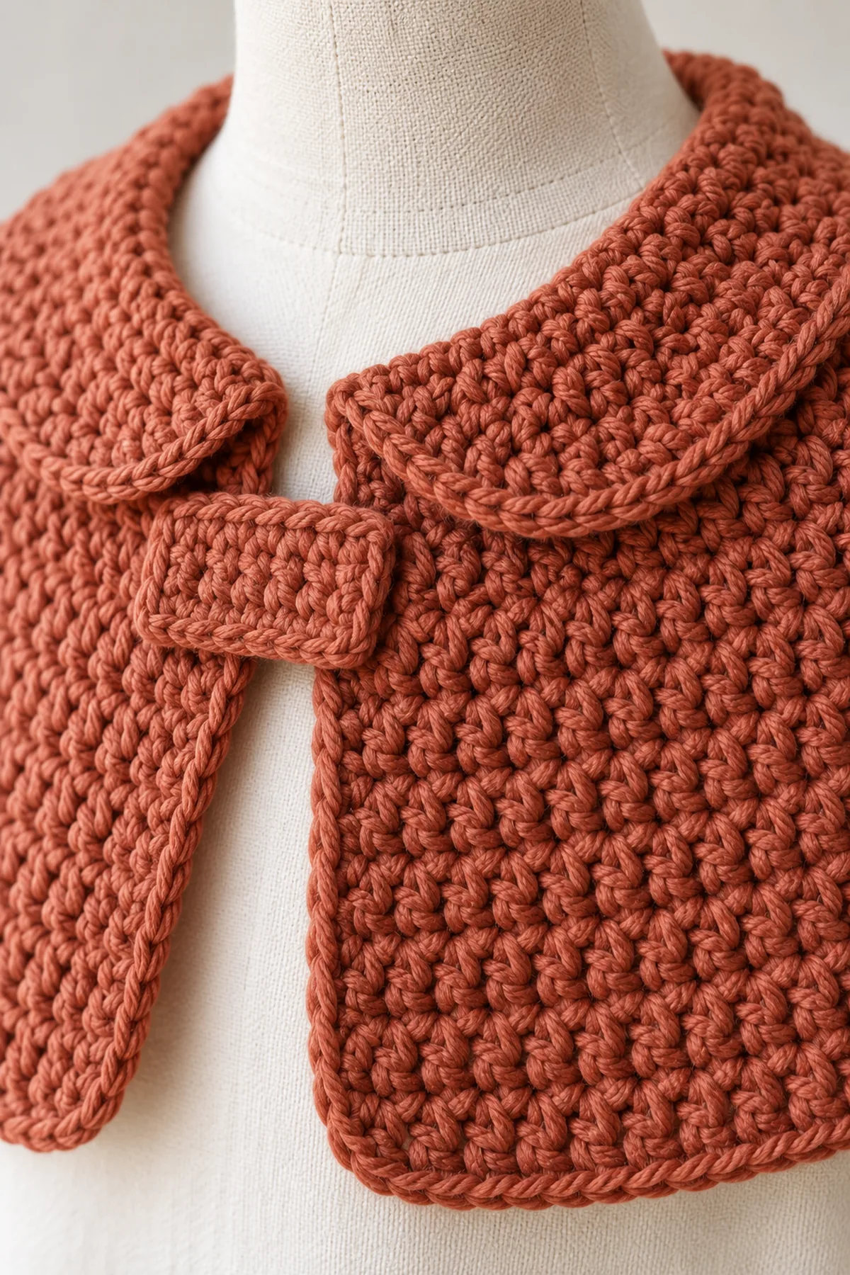 Close-up of low three-row single-crochet rounded neckline collar and one short three-stitch-wide flat tab sewn into front corner of terracotta capelet, visible clean stitch texture.