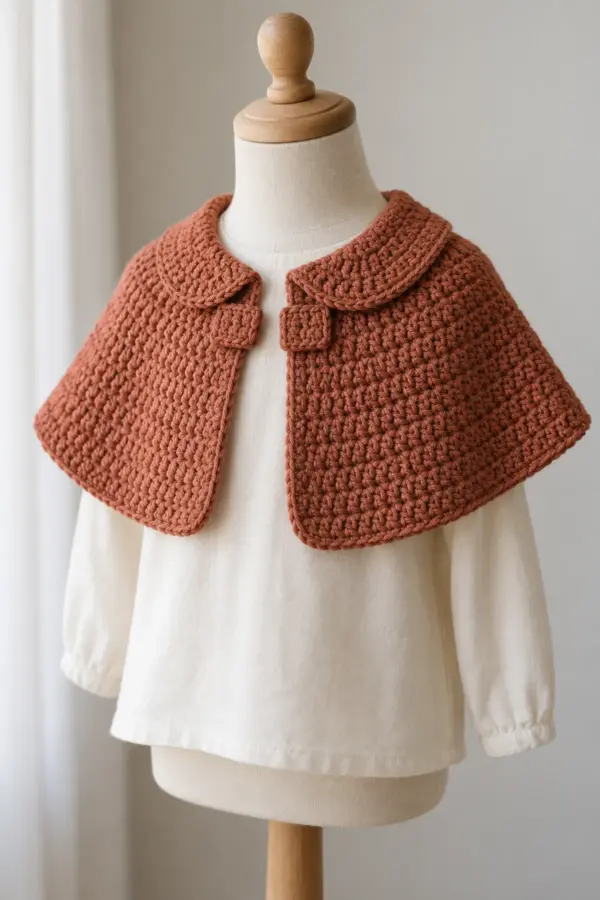 Original toddler rounded-collar crochet capelet in muted terracotta DK cotton, displayed on a child-size dress form over a plain cream shirt. Short open-front shoulder cape with broad curved hem, low rounded neck collar, two tiny flat front tabs. No sleeves, hood, buttons or long neck tie.