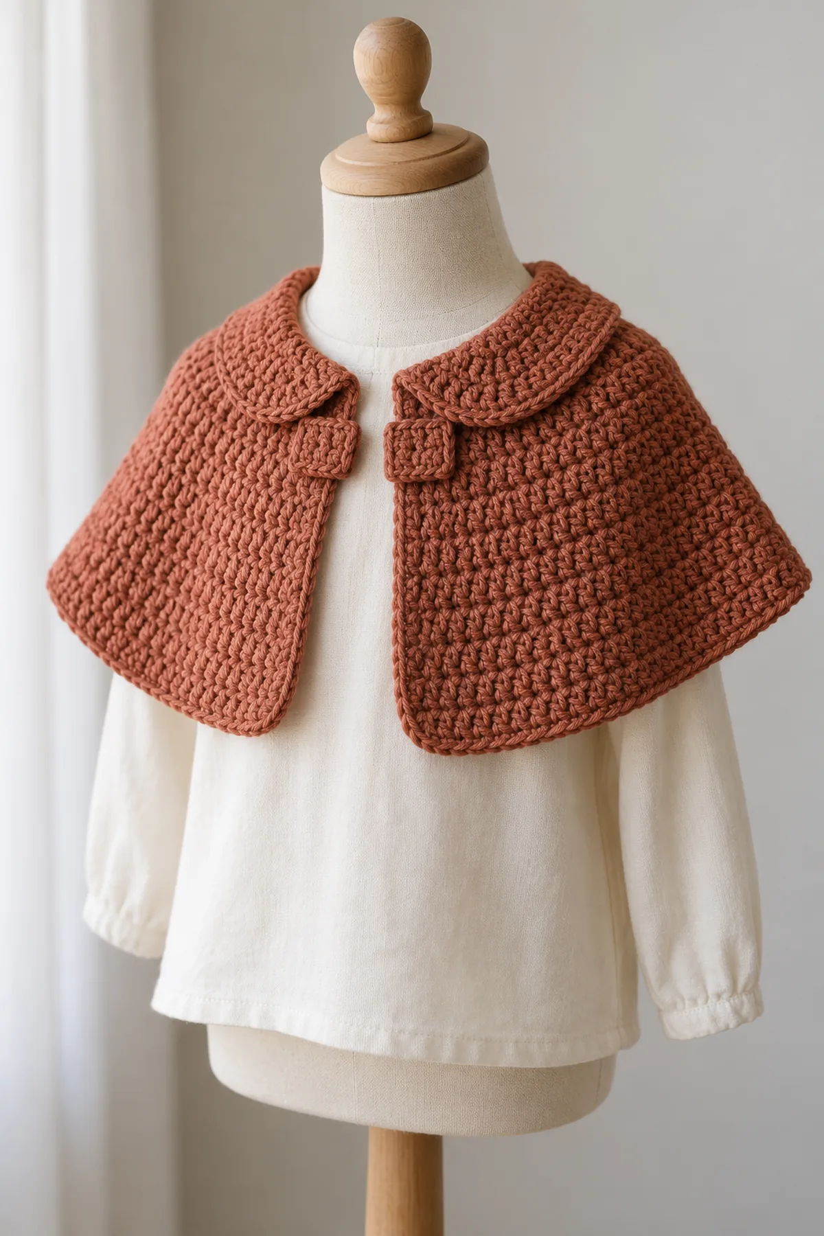 Original toddler rounded-collar crochet capelet in muted terracotta DK cotton, displayed on a child-size dress form over a plain cream shirt. Short open-front shoulder cape with broad curved hem, low rounded neck collar, two tiny flat front tabs. No sleeves, hood, buttons or long neck tie.