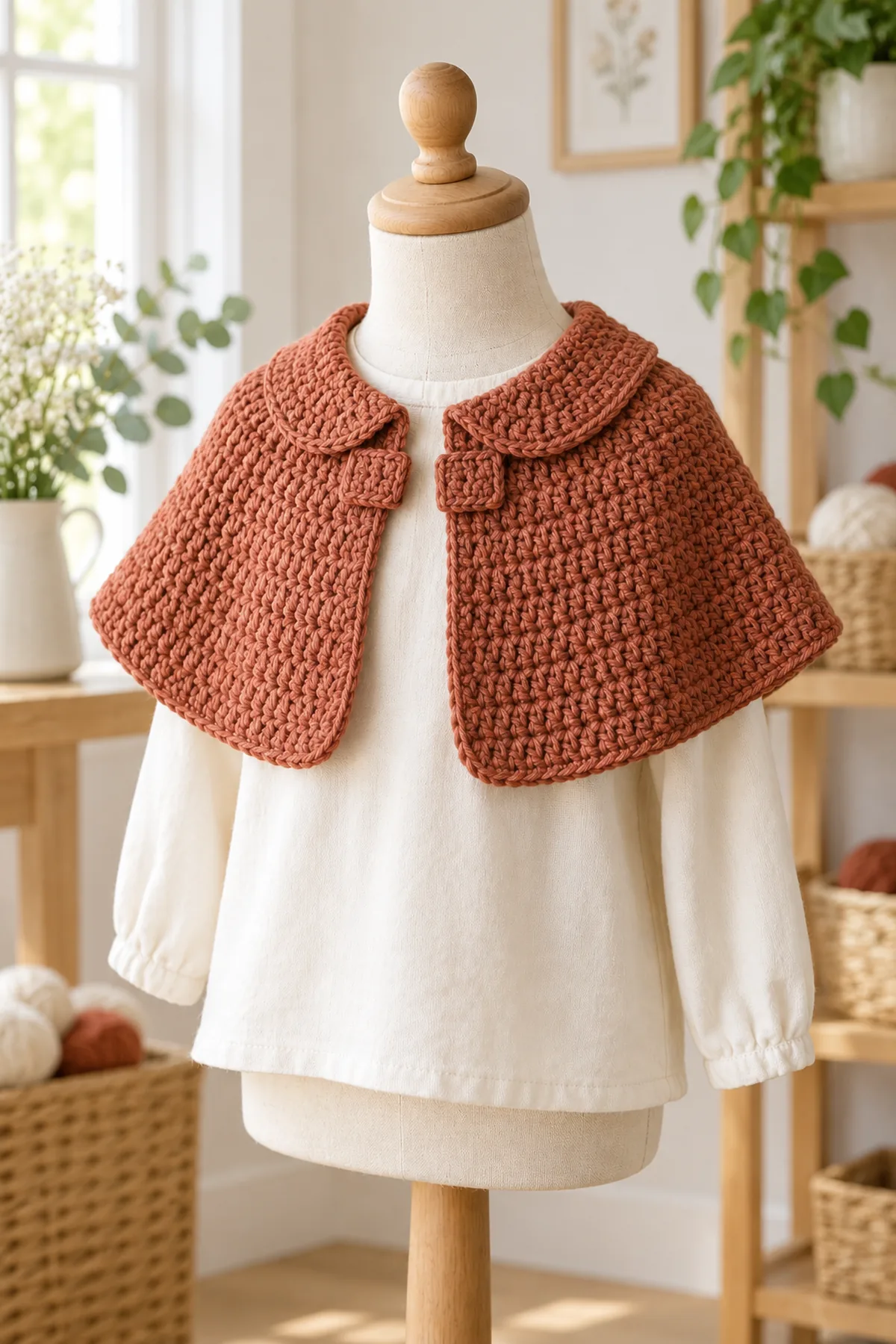 Same terracotta toddler capelet shown on small neutral dress form over plain cream top, open front and rounded collar visible, no child, no hood or fasteners.