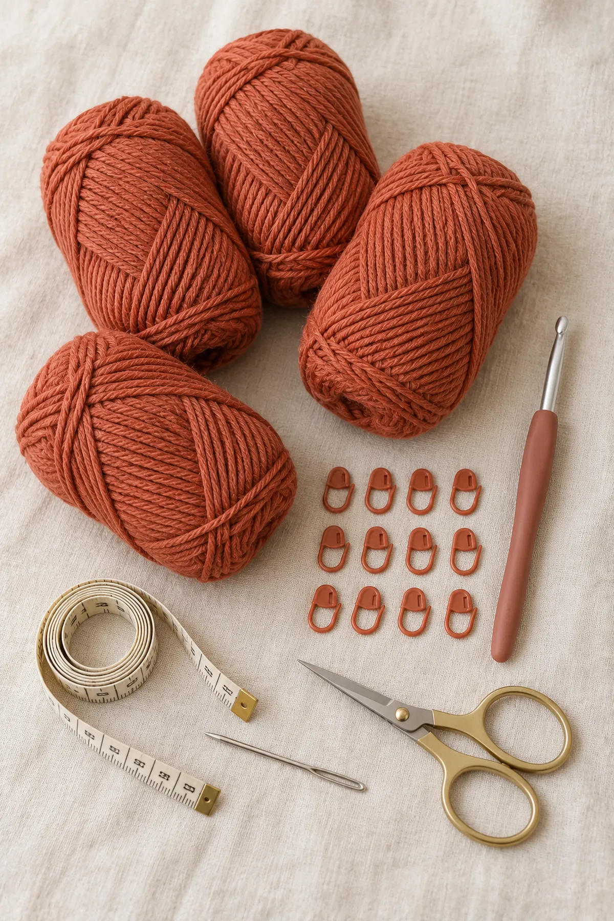 Terracotta washable DK yarn, 4 mm hook, twelve stitch markers, tape measure, yarn needle and scissors on cream linen; no completed capelet.