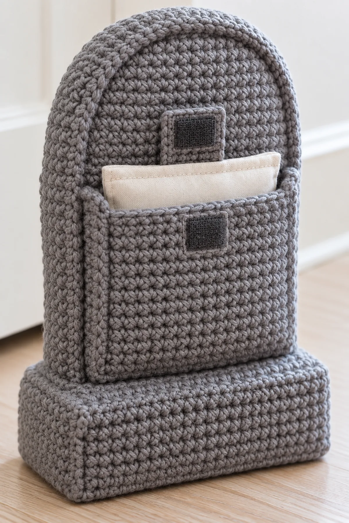 Close-up of three-sided crocheted rear pocket holding a fully sewn flat cotton pebble pouch and small securely sewn hook-and-loop closure, no spilling filler