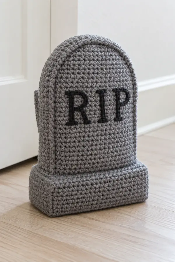 Original small slate-gray crochet tombstone doorstop standing upright with rounded arch top, flat rectangular boxed base and closed dark embroidered RIP lettering, subtle separate rear pocket, adult home decor on pale wood floor