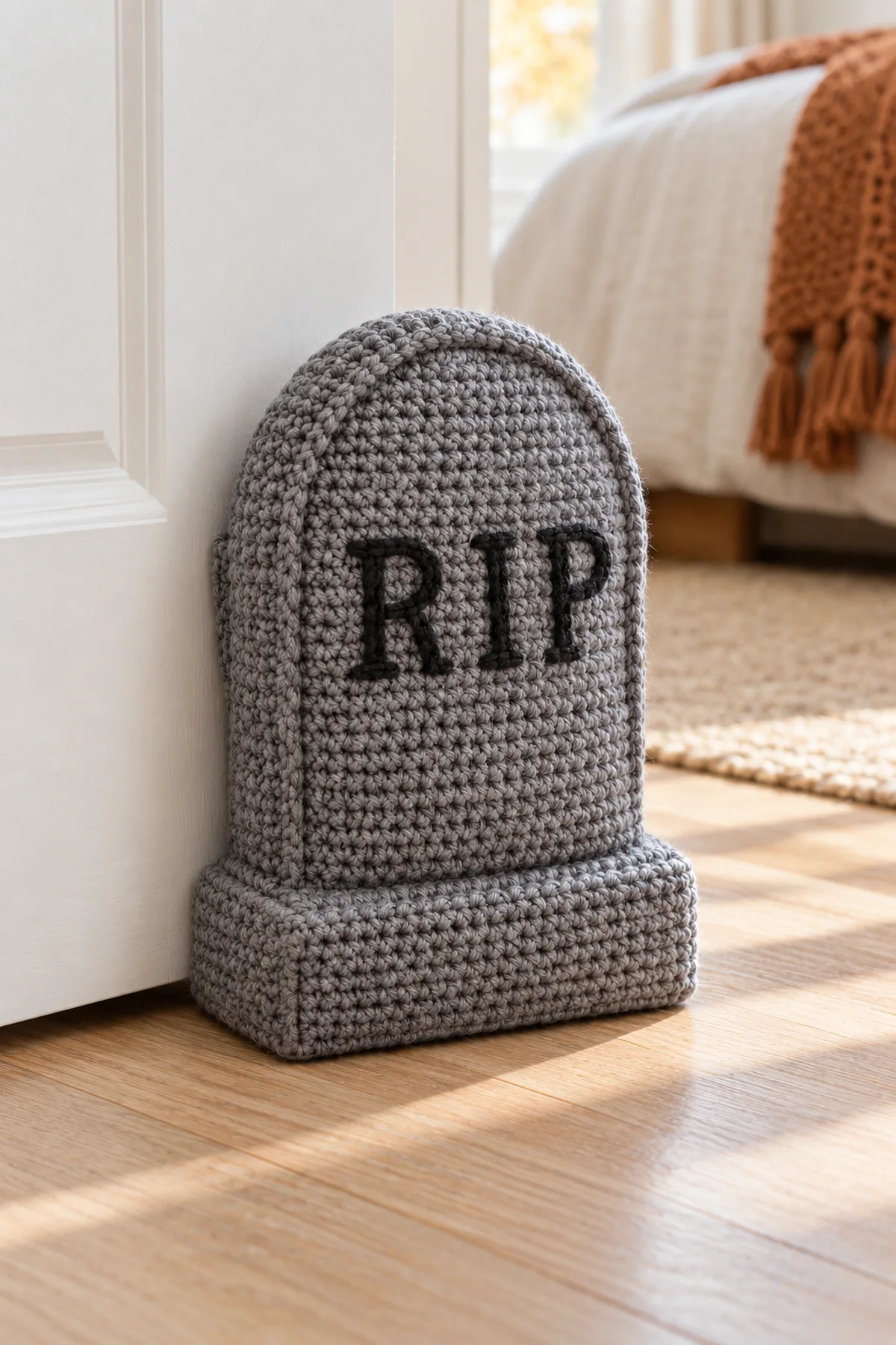 Finished slate gray crocheted tombstone doorstop with flat base by an interior bedroom door in autumn daylight, RIP embroidery visible, no child or pets