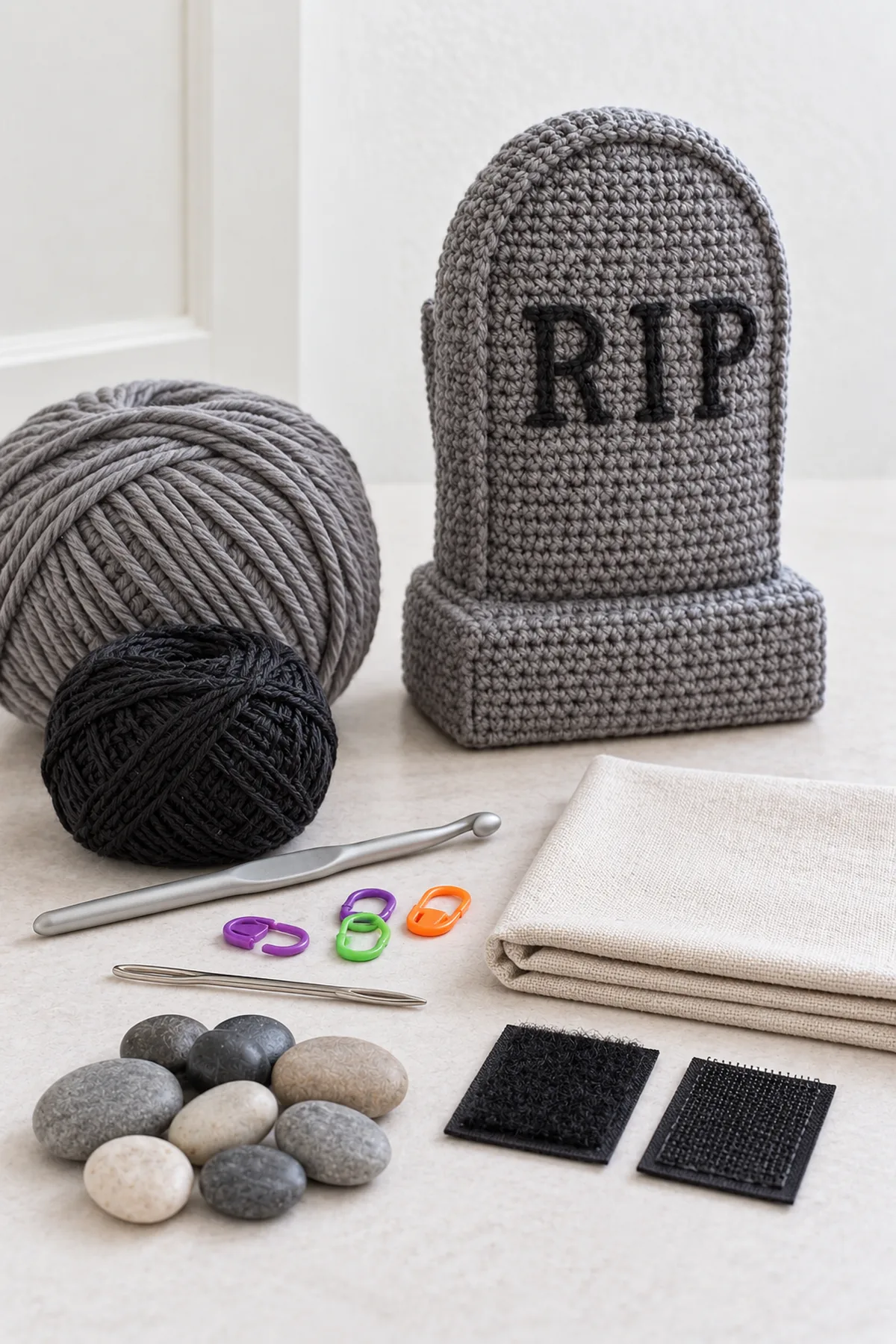 Slate gray worsted cotton, charcoal embroidery yarn, hook, markers, needle, firm cotton fabric, smooth clean pebbles and sew-on hook-and-loop pieces, no loose sand