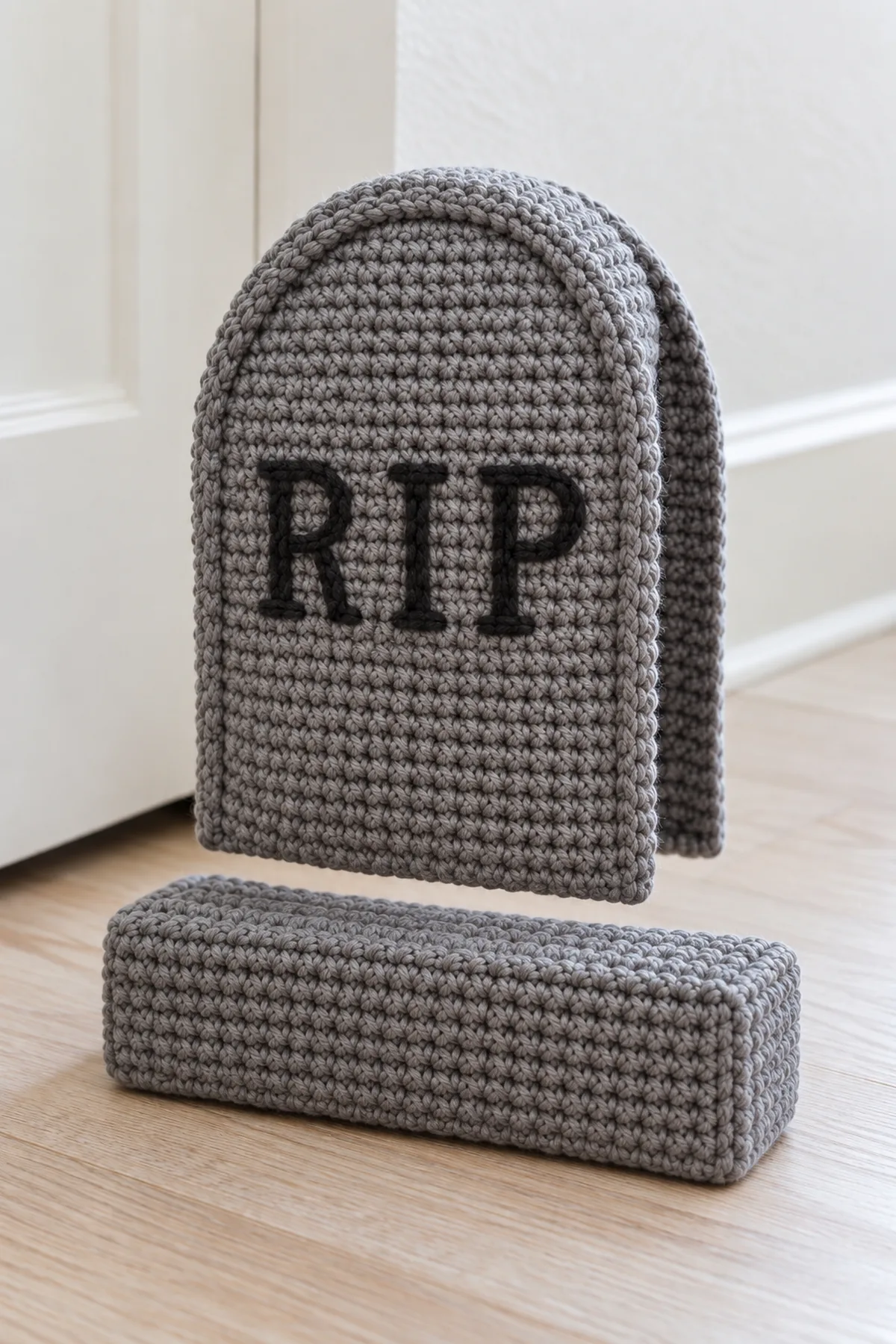 Slate gray crochet tombstone faces joined to narrow side-and-top gusset and separate flat rectangular base, rear pocket panel still unattached, no weight visible