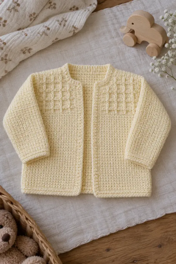 Buttercream Tunisian simple-stitch open-front baby cardigan with subtle enclosed surface-smock grids on both upper fronts, plain back, long sleeves and small stepped collarless neck