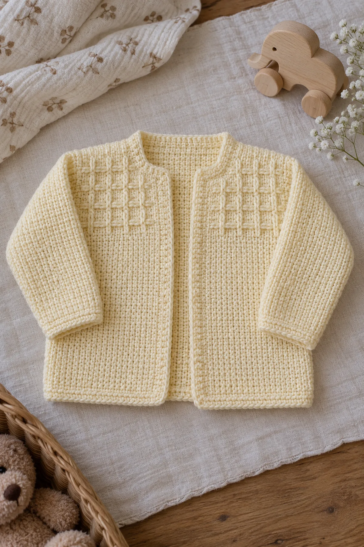 Buttercream Tunisian simple-stitch open-front baby cardigan with subtle enclosed surface-smock grids on both upper fronts, plain back, long sleeves and small stepped collarless neck