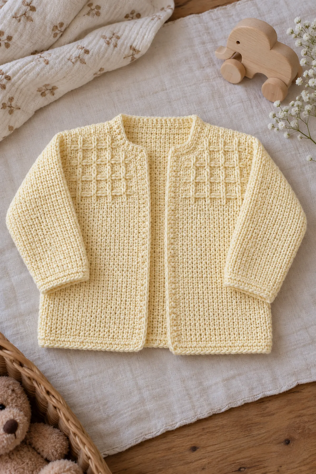 Finished buttercream Tunisian smock-front baby cardigan flat on linen, open front, narrow smooth borders and long sleeves, no child