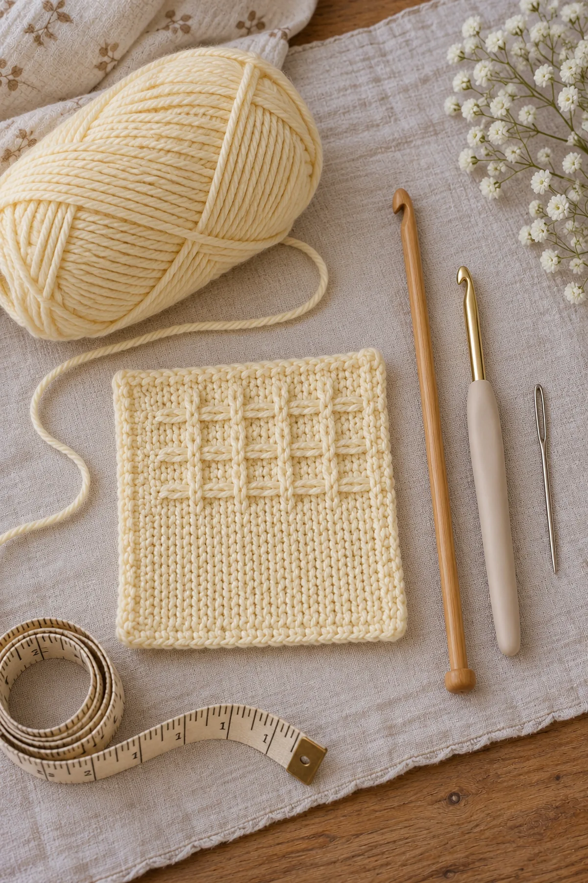 Buttercream DK yarn, long Tunisian hook, standard crochet hook, small TSS swatch, needle and measuring tape