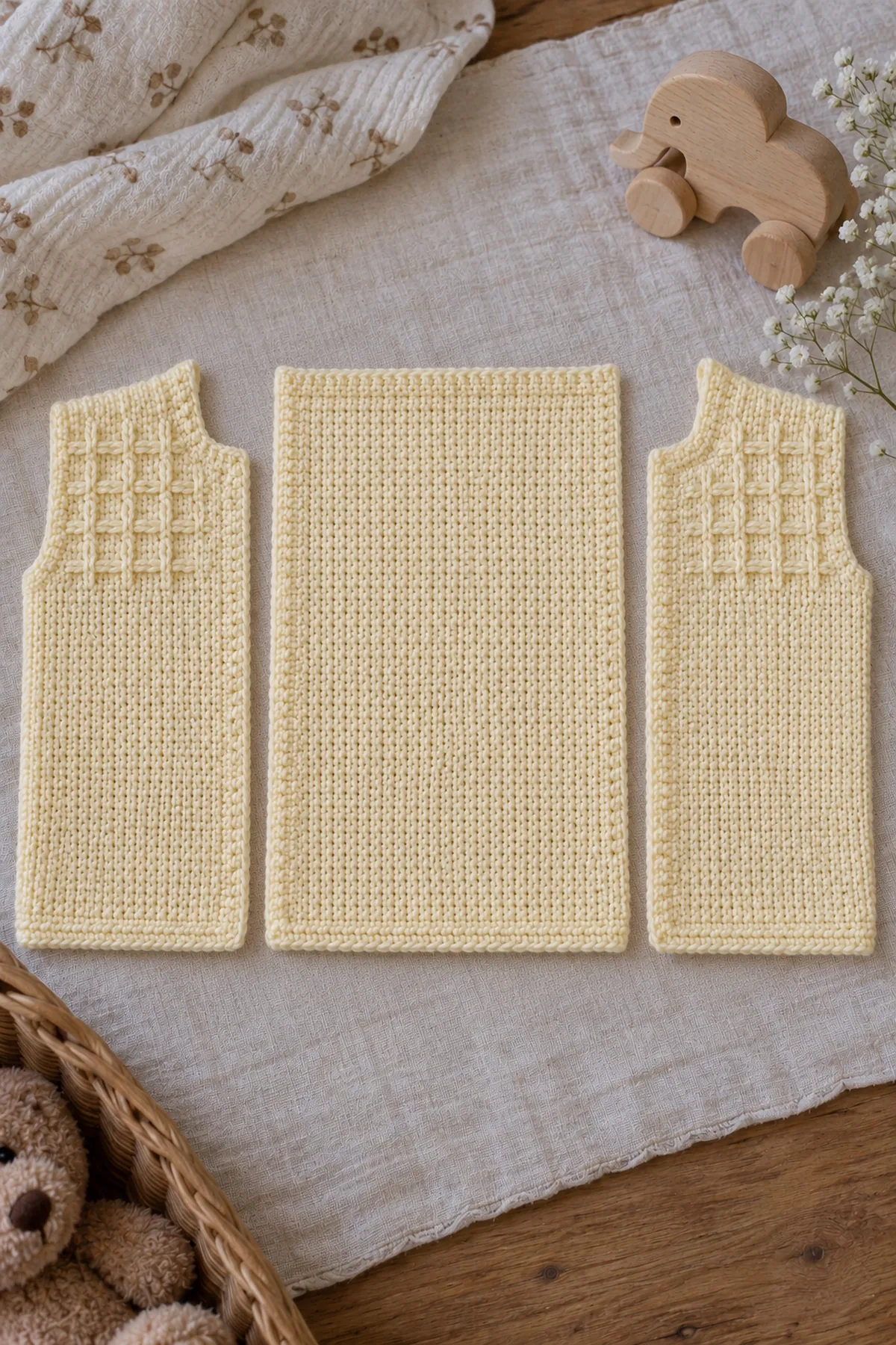 Separate buttercream TSS back and two mirrored stepped-neck front panels, with small non-gathering surface-smock bars only on the upper fronts