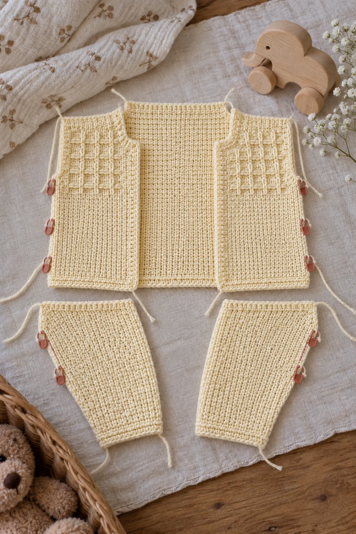 Basted buttercream Tunisian cardigan body with two separate flat tapered sleeves before sleeve insertion and curl-control edging