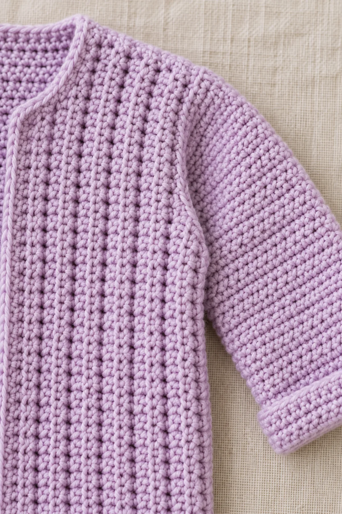 Macro of lilac baby cardigan shoulder seam where vertical sideways crochet rib columns meet a smooth sleeve edge, equal armhole stitches and small folded cuff visible, no button.