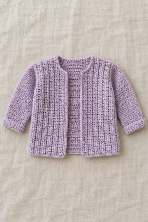 Finished original soft lilac open baby cardigan with distinct vertical back-loop single crochet rib columns across back and both fronts, plain long sleeves with small folded turnback cuffs, no buttons pockets collar hood or ties, flat on cream linen.