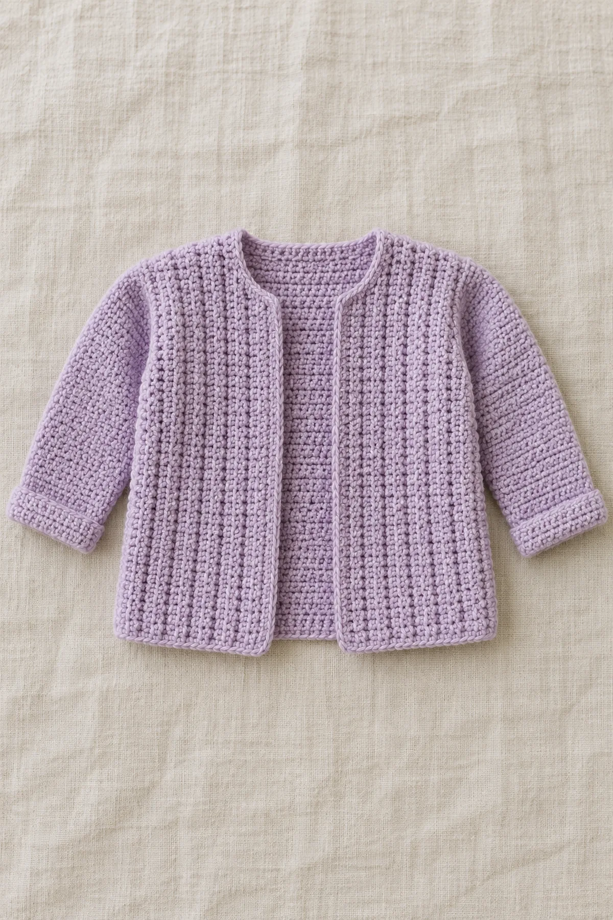Finished original soft lilac open baby cardigan with distinct vertical back-loop single crochet rib columns across back and both fronts, plain long sleeves with small folded turnback cuffs, no buttons pockets collar hood or ties, flat on cream linen.