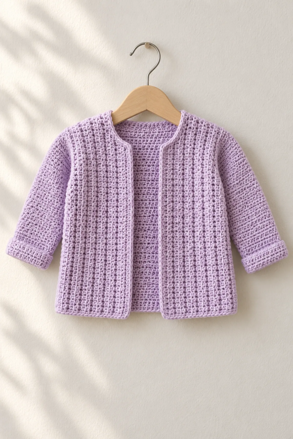 Finished open lilac vertically ribbed baby cardigan with two plain sleeves and matching folded cuffs on a child-size wooden hanger against calm daylight wall, no baby.