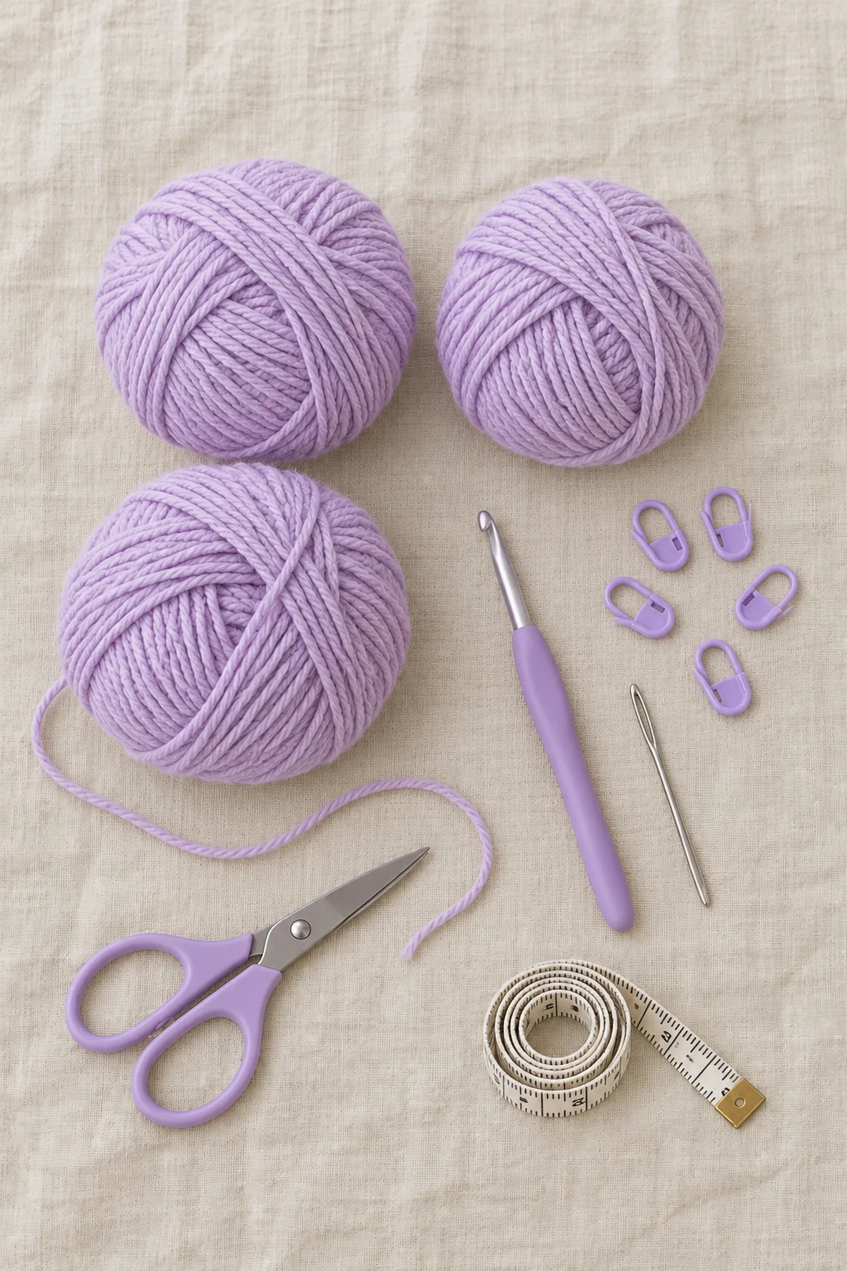 Soft lilac smooth DK yarn,4 mm hook, removable markers, yarn needle, scissors and tape measure on cream linen; no finished garment.