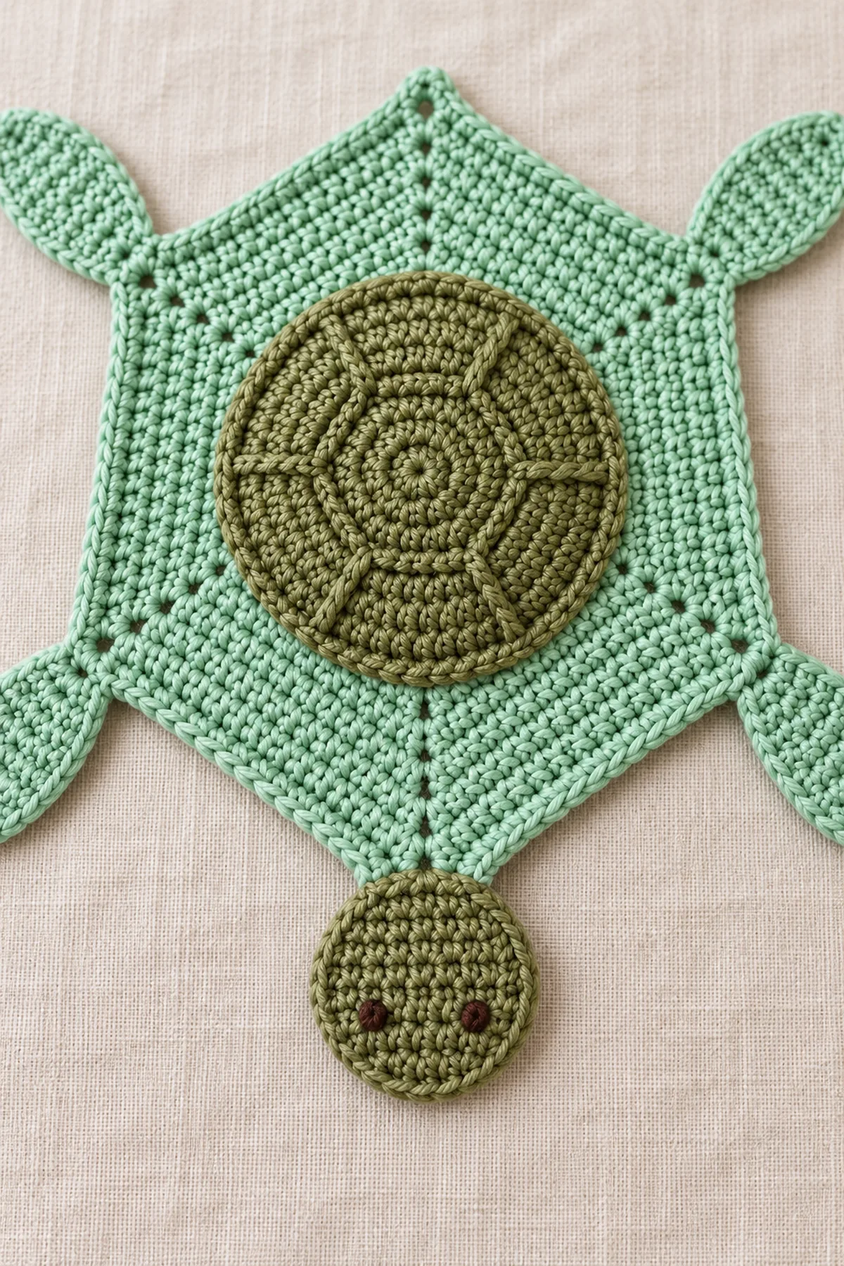 Macro showing fully sewn olive shell rim aligned to 36-stitch center ring on mint hexagon cloth, firm embroidery on flat turtle head, no plastic eyes or exposed stuffing.