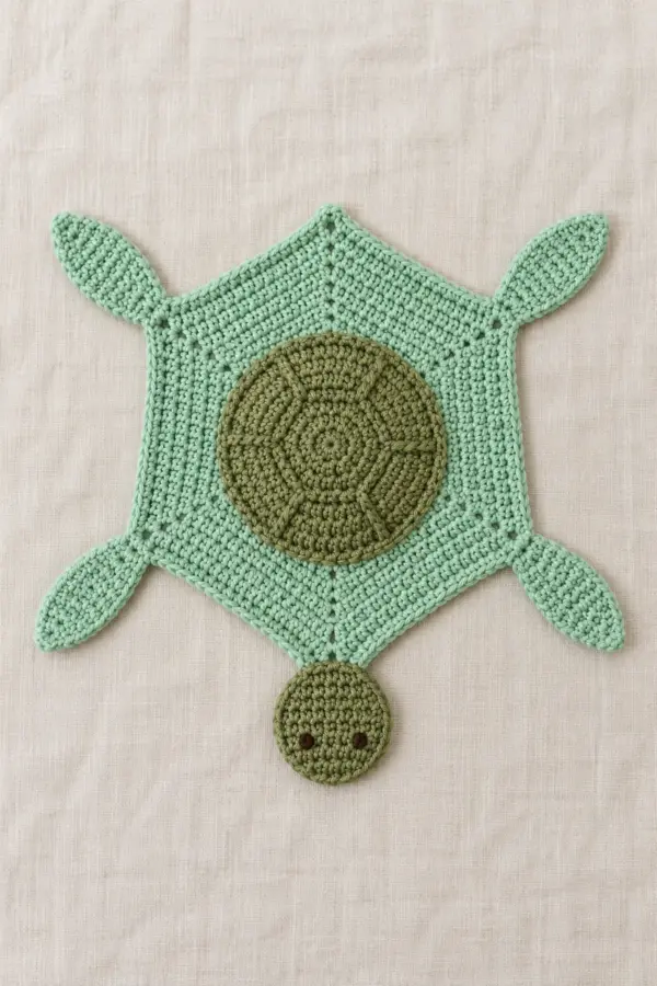 Original mint crochet hexagonal turtle lovey spread fully flat on cream linen, six clearly defined corners, shallow olive domed center shell, one flat olive head projecting from one vertex and four flat tapered mint flippers at side vertices, embroidered tiny eyes only.