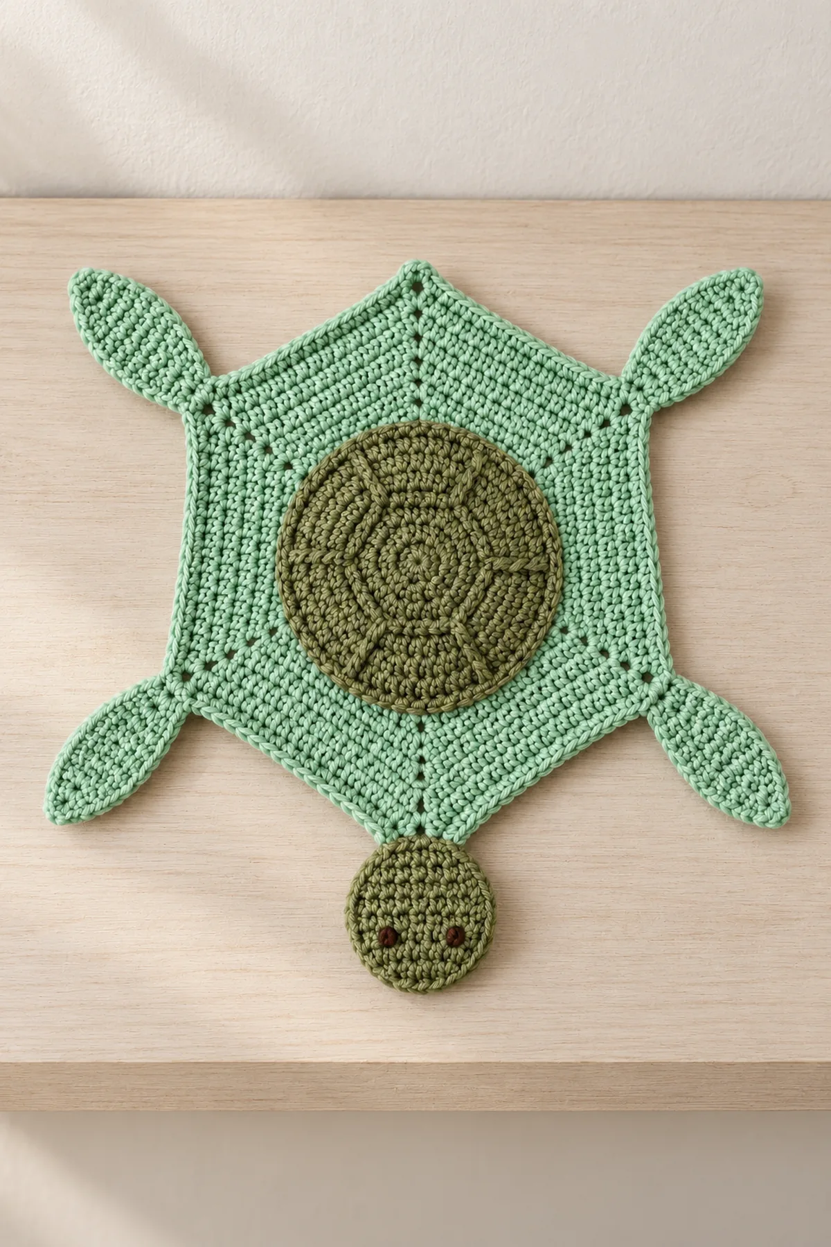 Same mint-and-olive hexagonal turtle crochet lovey laid flat on a calm neutral shelf, six-sided geometry, centered low shell, head and four flippers fully visible; no baby or crib.