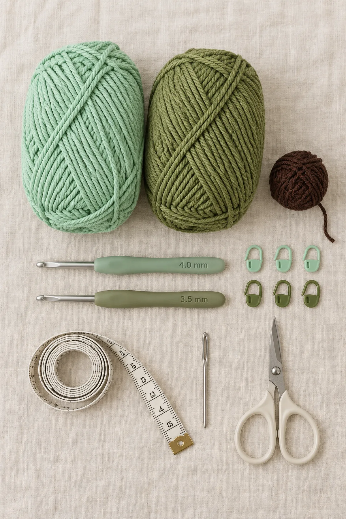 Mint and olive DK cotton-blend yarn, small dark-brown embroidery yarn, 4 mm and 3.5 mm hooks, six markers, tape measure, blunt needle and scissors on cream linen; no finished lovey.