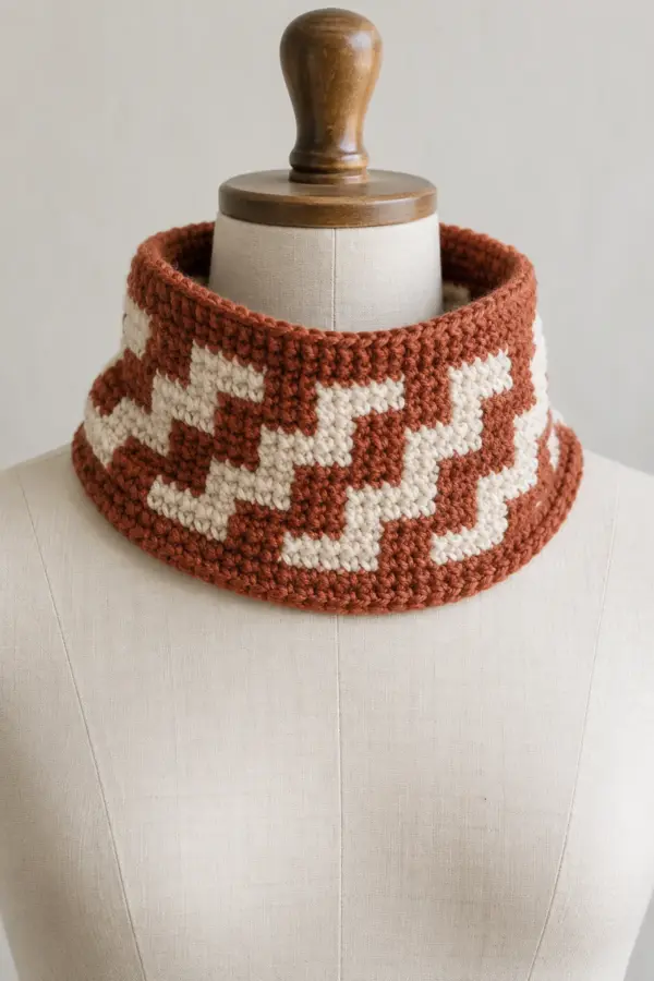 Original adult short crochet neck cowl in rust and cream yarn with crisp offset staircase overlay-mosaic blocks, plain flexible top and bottom borders, no fringe, styled on a neutral adult dress form