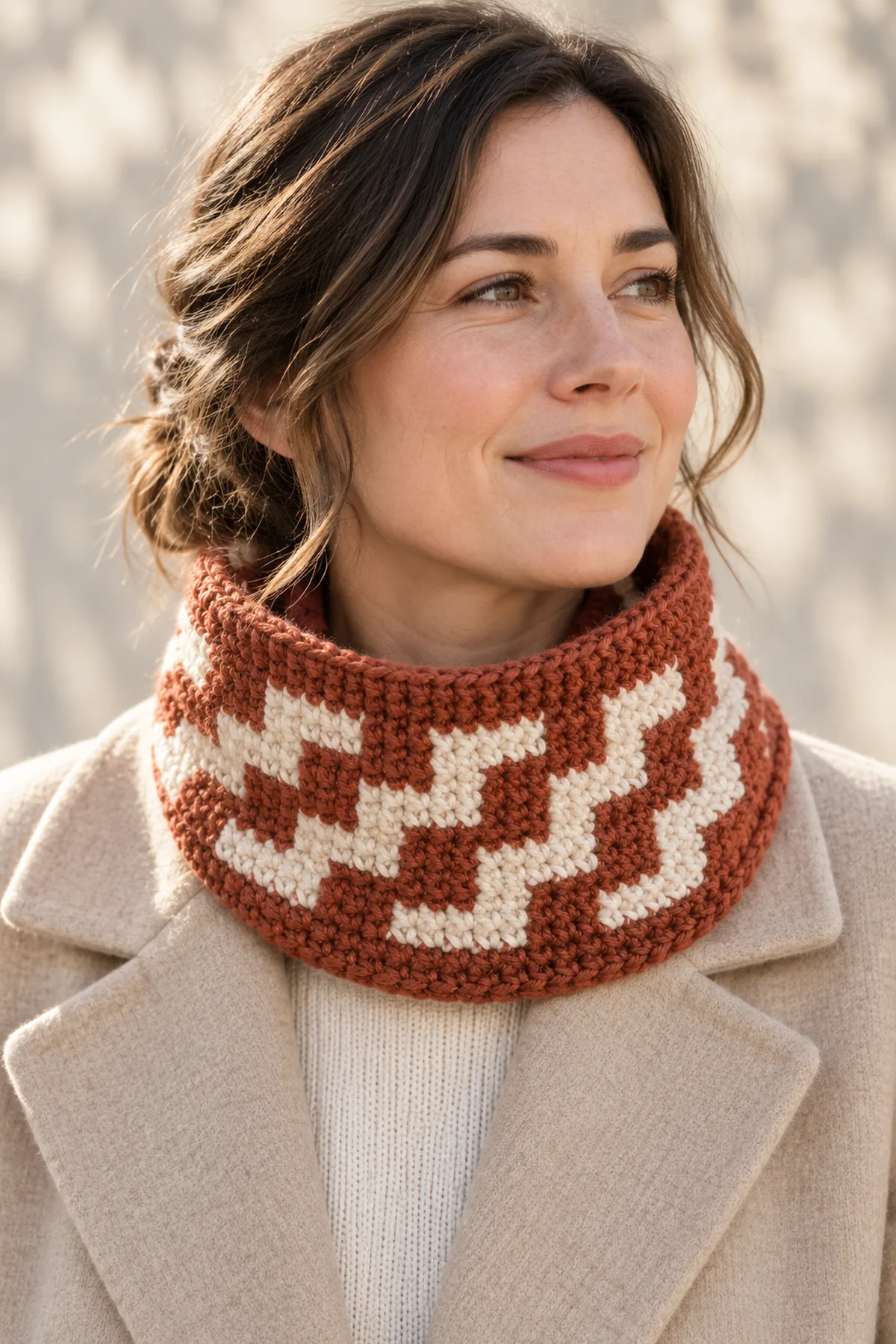 Adult wearing the same short rust-and-cream offset staircase mosaic crochet cowl over a plain coat in autumn daylight, tube comfortably loose around neck