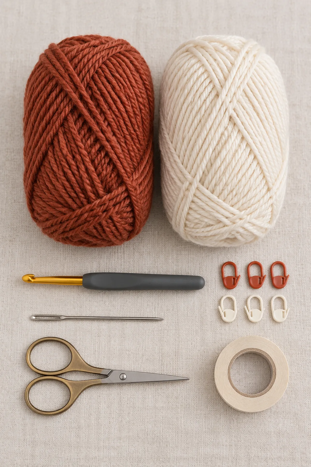 Rust and cream smooth worsted yarn, 5 mm hook, six markers, yarn needle, scissors and tape on pale linen