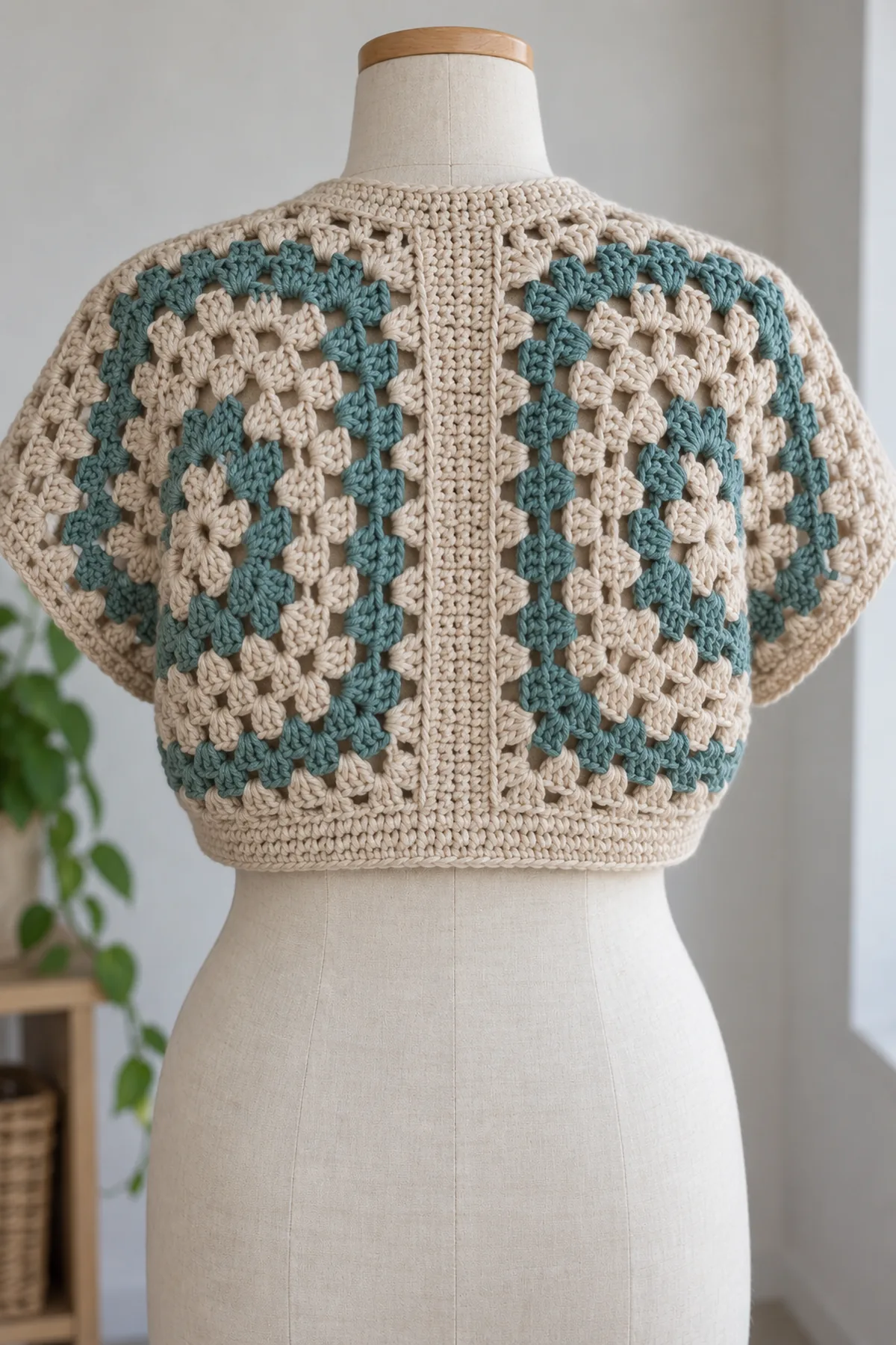 Back view close-up of oat-and-teal short-sleeve crochet shrug showing narrow vertical solid oat single-crochet center-back bridge between airy granny hexagon halves, flat centered seam and oat ribbed lower hem, no buttons hood or extra pieces.