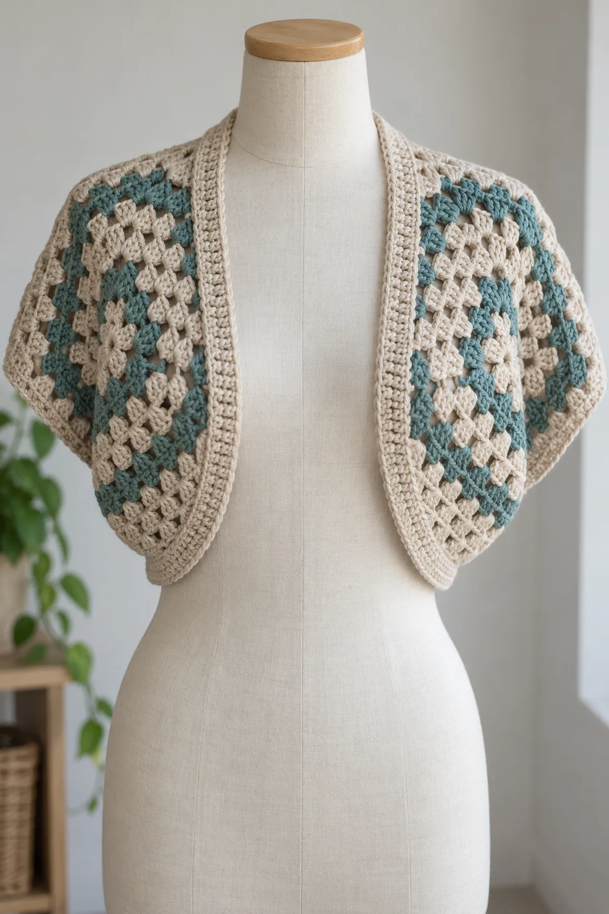 Original adult cropped open-front crochet shrug on a plain headless torso mannequin, two deliberately cupped granny hexagons folded into short roomy upper-arm sleeves, three oat rounds alternating with one muted teal round, narrow oat ribbed band around open front neckline and hem, narrow oat center-back bridge. No hood buttons pockets or long sleeves. Airy groups of three double crochet, soft worsted yarn, neutral studio.