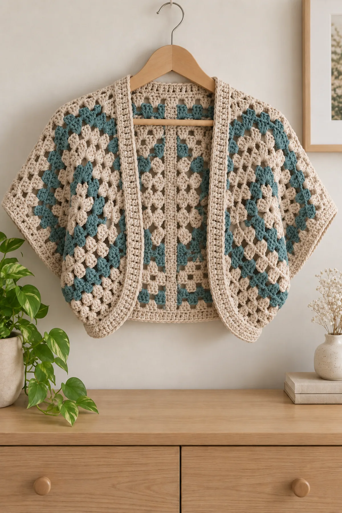 Completed oat-and-muted-teal granny hexagon adult shrug hanging on a broad plain wood hanger above neutral dresser, cropped open front and short roomy sleeves, narrow oat ribbed opening band, no hood buttons long sleeves or person, soft daylight.