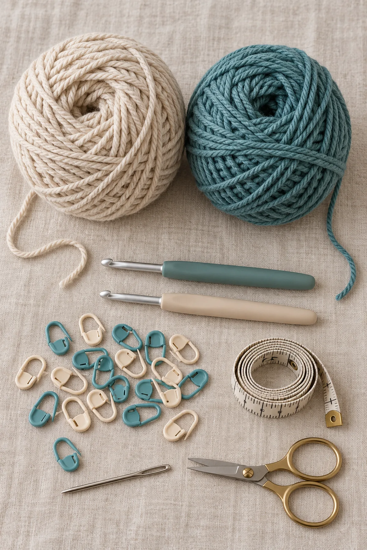 Oat and muted teal worsted yarn balls,5 mm and4.5 mm hooks, many locking markers, tape measure, blunt needle and scissors on neutral linen, no garment yet.