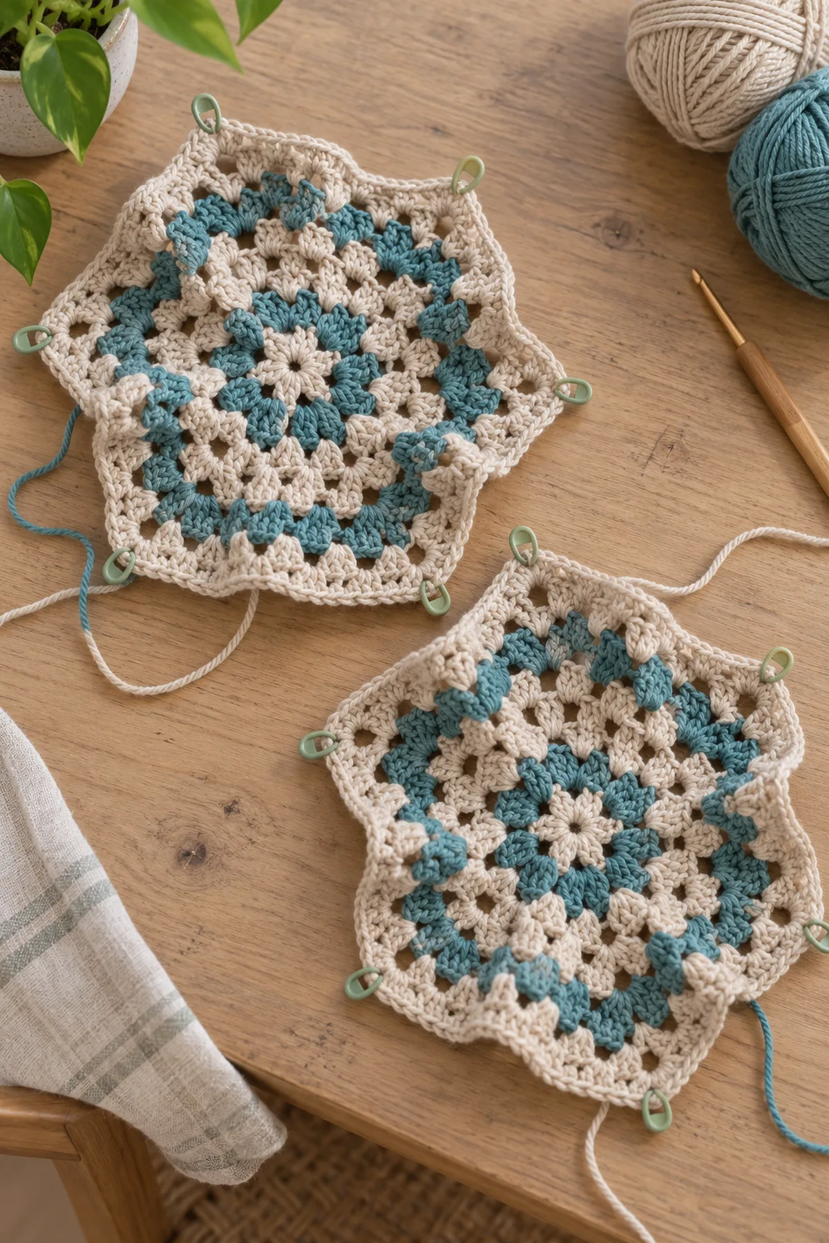 Two unassembled cupped ruffled granny crochet hexagons, each six marked corners, oat groups of three double crochet with single muted teal accent rounds separated by three oat rounds, loosely arranged on table showing excess fabric, no seams sleeves or rib band yet.