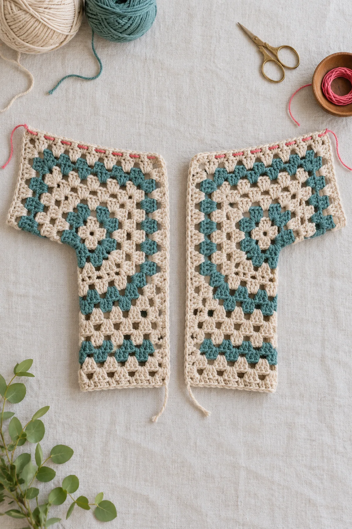 Two oat-and-teal crochet hexagons folded into mirror-image L-shaped half garments with short sleeve legs pointing outward, center rings at underarm bends, top sleeve edges loosely basted with contrasting removable thread, center back edges separate with a small gap; no ribbing or completed center seam.