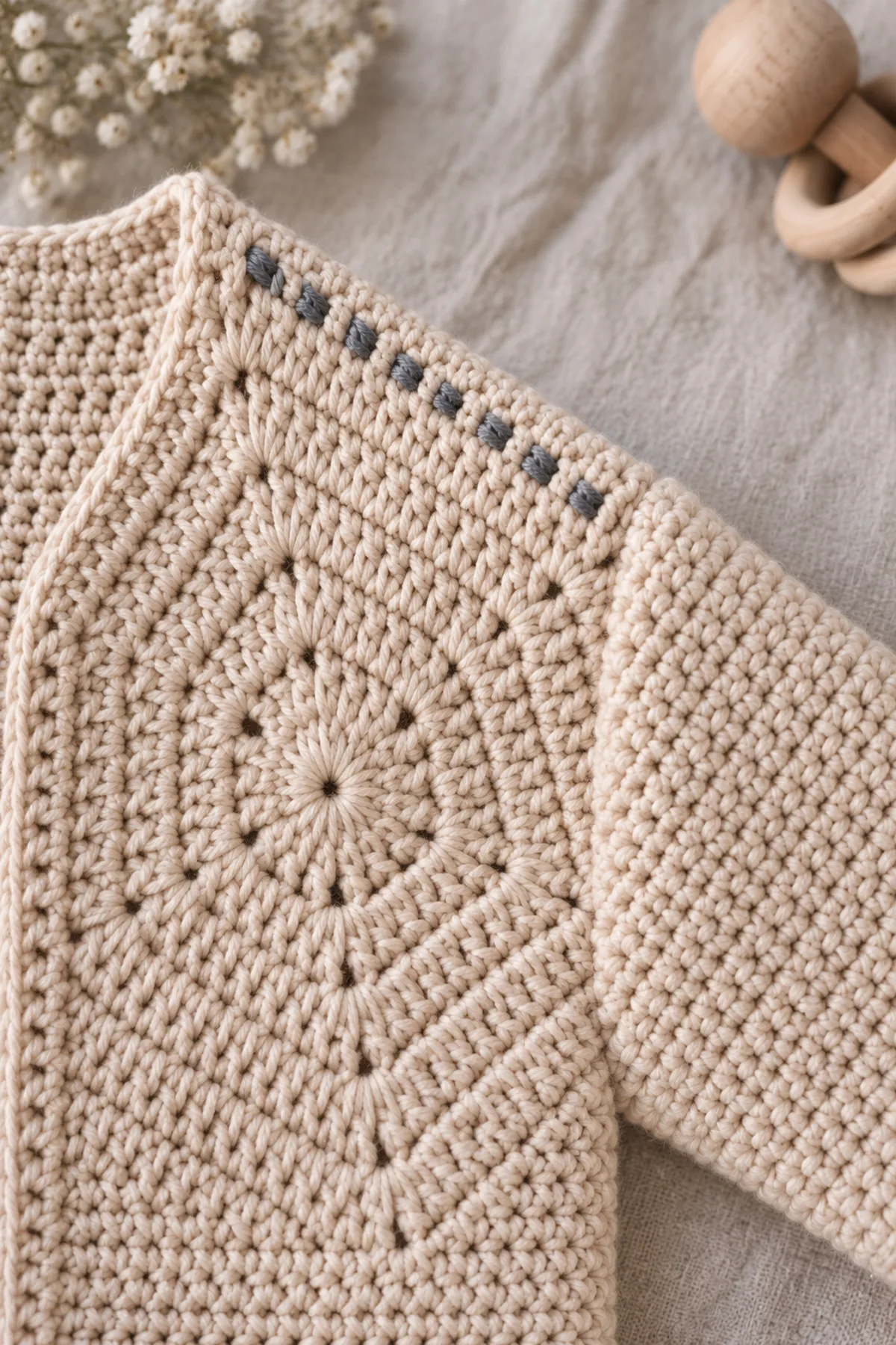 Macro of one narrow low-profile slate alternating woven-look seam along an oatmeal solid-crochet baby cardigan shoulder, short secure contrast passes with no loose cord