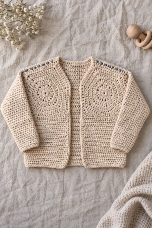 Warm oatmeal solid-stitch two-hexagon open-front baby cardigan with plain long tapered sleeves, separate narrow center-back strip and a thin slate woven-look shoulder seam, no granny holes