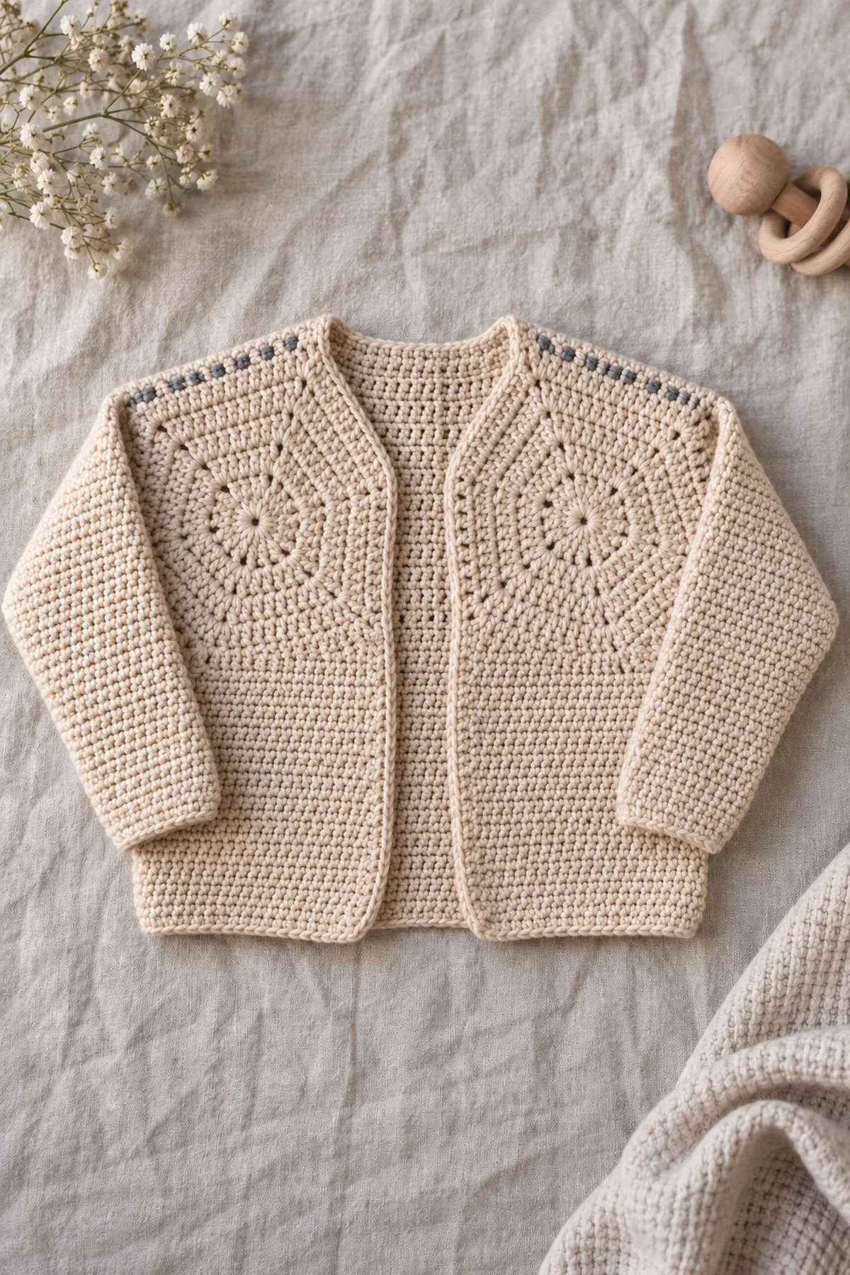 Warm oatmeal solid-stitch two-hexagon open-front baby cardigan with plain long tapered sleeves, separate narrow center-back strip and a thin slate woven-look shoulder seam, no granny holes